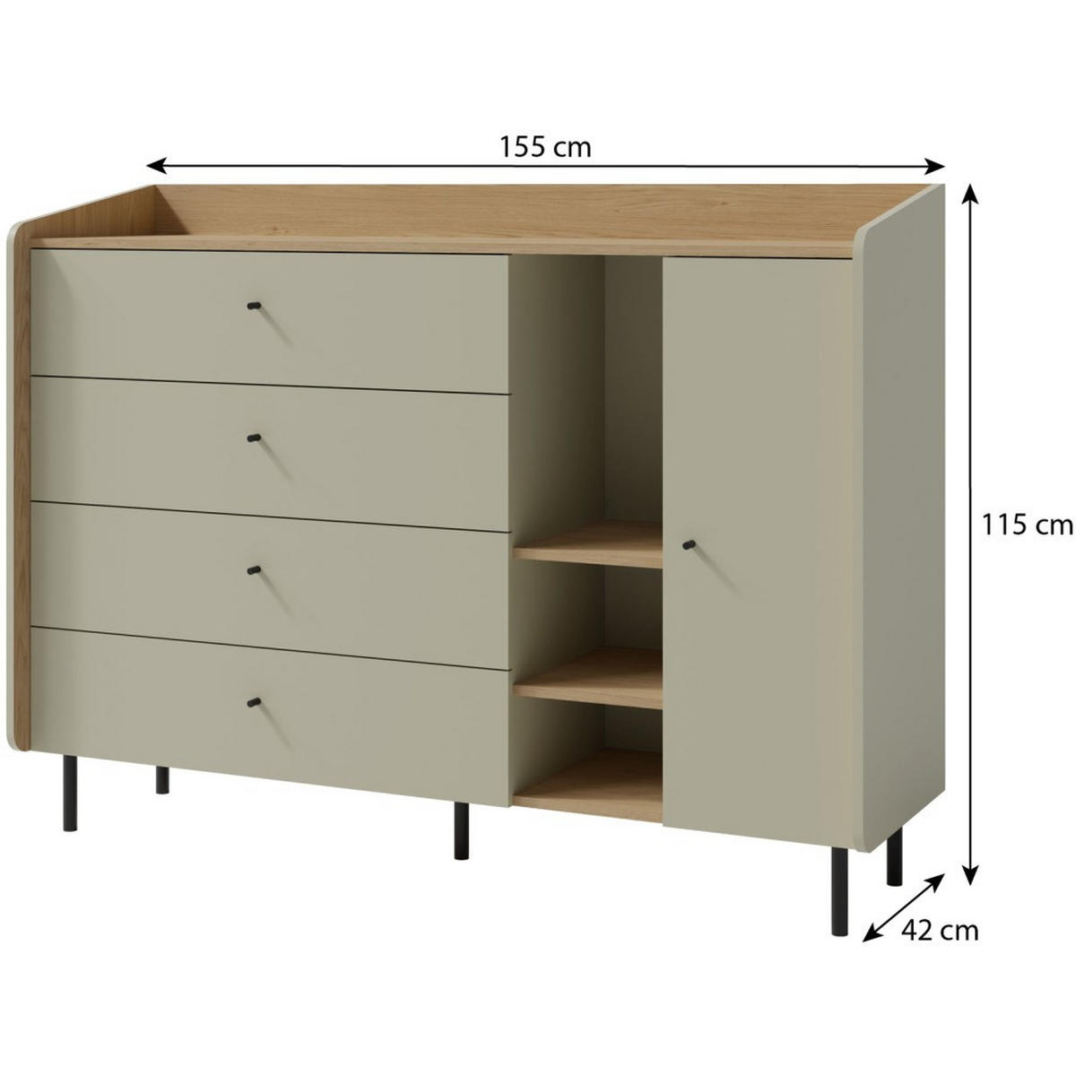 KOMMODE Alex mit 1 Tür und 4 Schubladen, Eukalyptus - Eukalyptusholzfarben/Schwarz, Holzwerkstoff (155/115/42cm) - Beautysofa