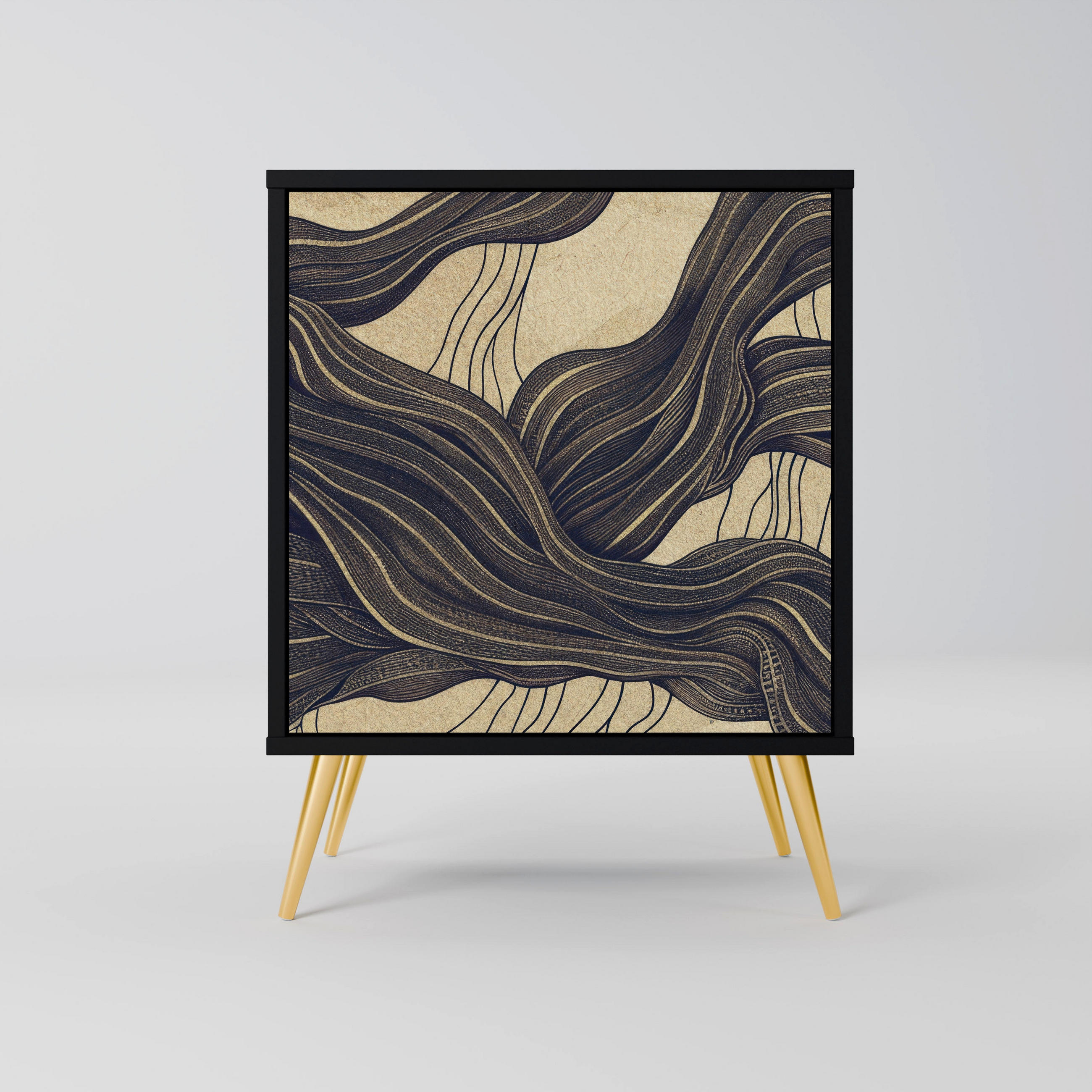 SIDEBOARD UNIFIED FRAGMENTS, Schwarz, 57,5x42x75,5 cm, Goldfarbene Metallfüße - Goldfarben/Multicolor, Holzwerkstoff/Metall (57.5/75.5/42cm) - SpaceRebels