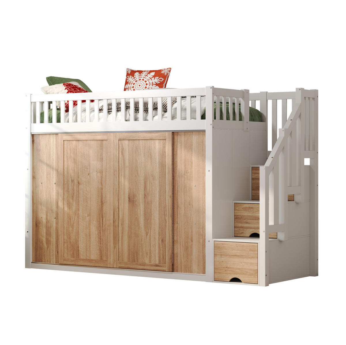 HOCHBETT 90/200 cm aus Massivholz/MDF mit Kleiderschrank, Treppenschrank und LED-Lichtleiste Weiß/Eichefarben - Weiß, Holz (90/200cm) - Modenvie