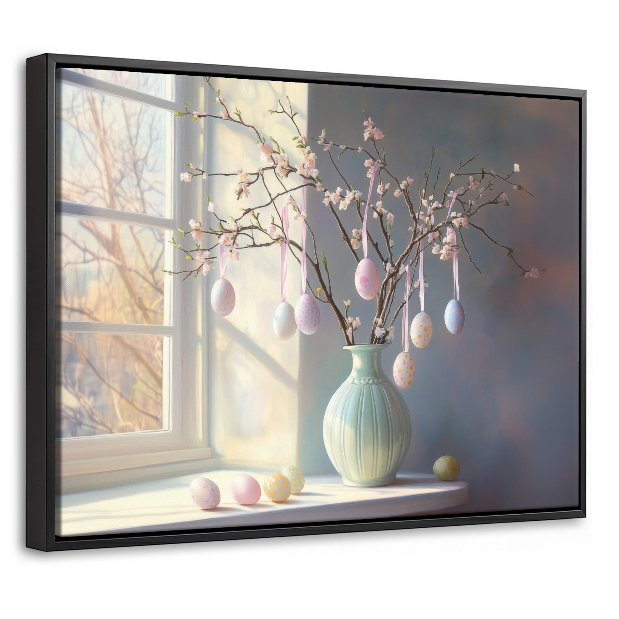 LEINWAND Bilder mit Rahmen - Stillleben - Vase - Osterzweig - 40x30 - Hellblau, Textil (40/30cm) - MuchoWow