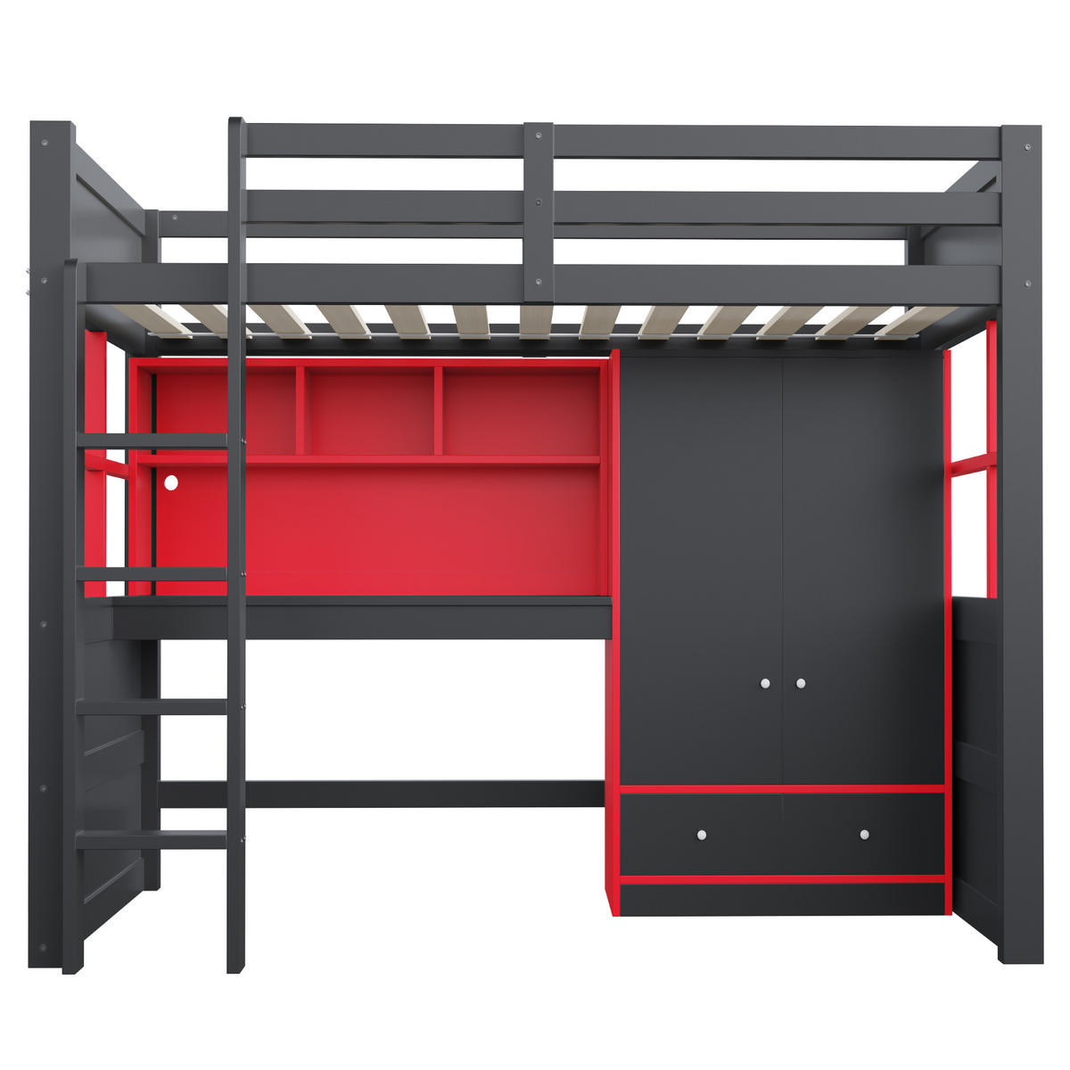 HOCHBETT 90/200 cm in Schwarz und Rot mit LED, Steckdosen, Leiter und Stauraum - Schwarz, Holz/Holzwerkstoff (90/200cm) - WISHDOR