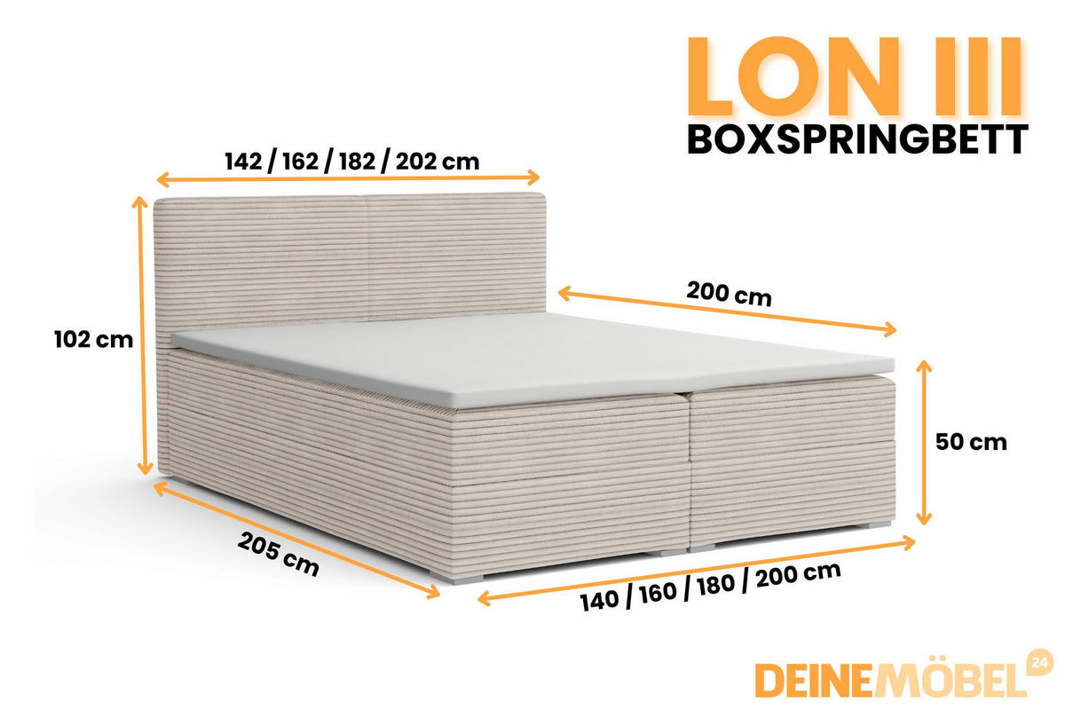 BOXBETT LON III 160/200 in Cord Ecru H3 - Ecru, Holz/Holzwerkstoff (160/200cm) - Deine Möbel 24