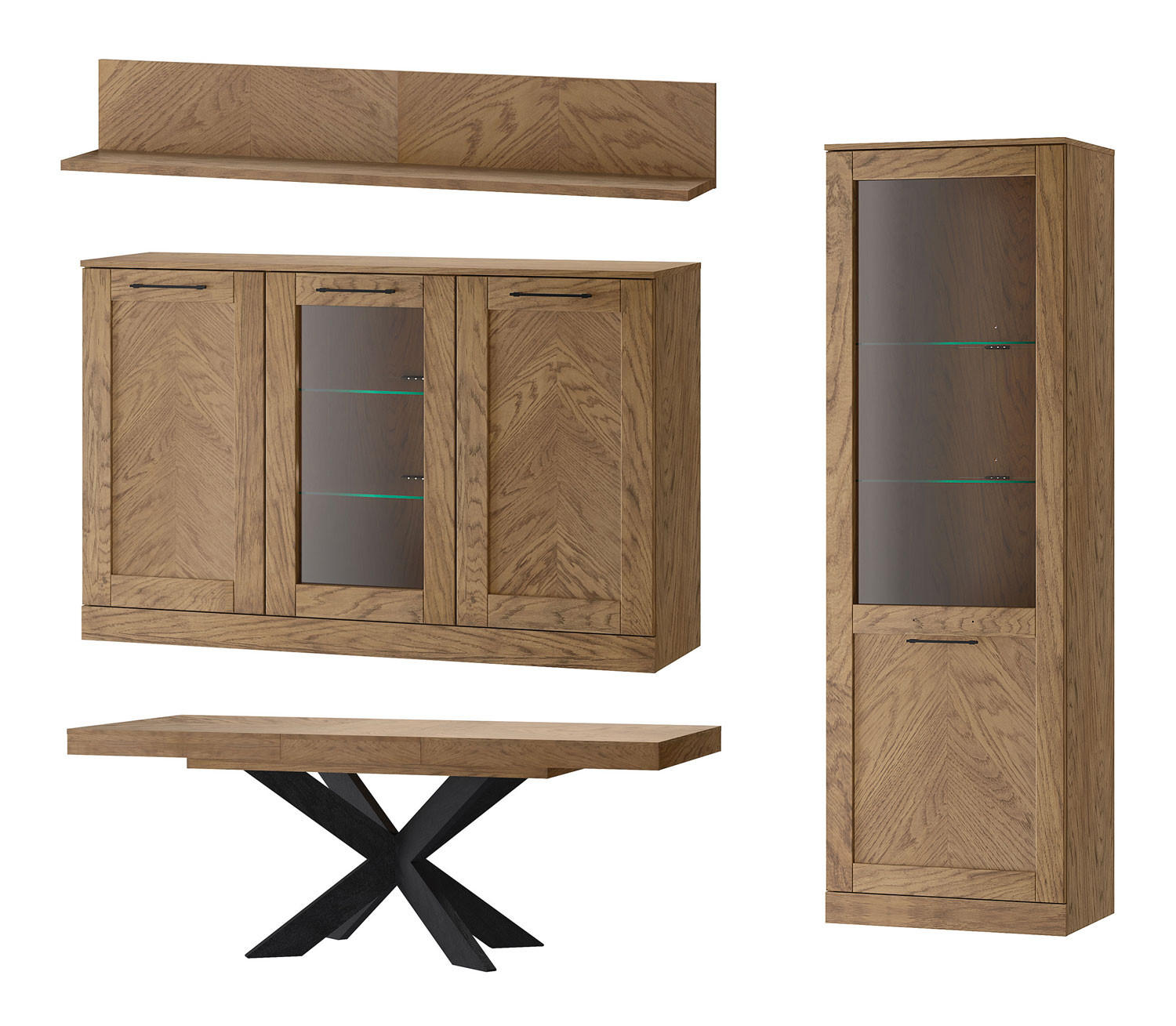 WOHNZIMMER-SET Cozy Eiche Rustikal 4-teilig - Eichefarben/Braun, Holz/Metall (365/198/95cm) - Feldmann-Wohnen