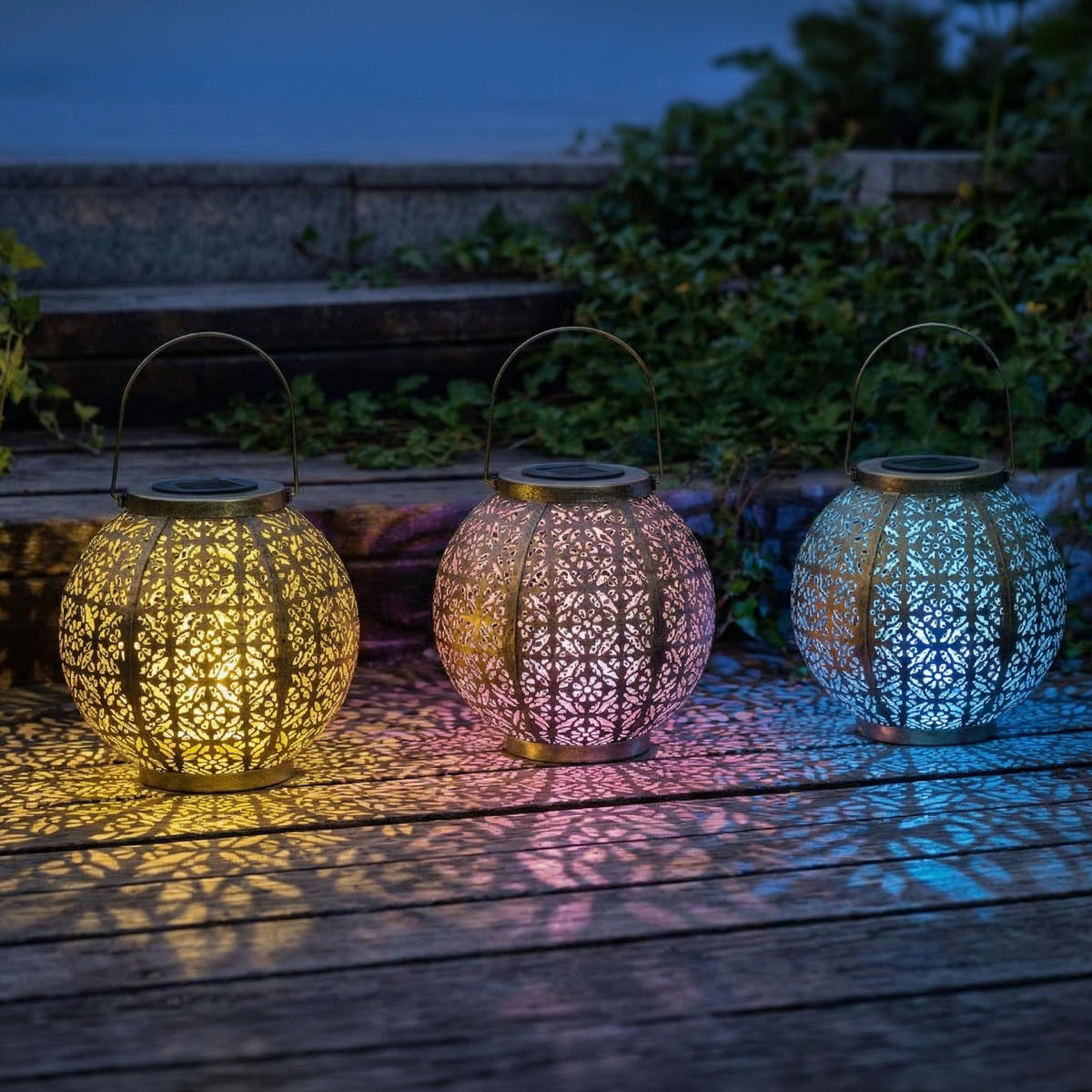 LED-SOLAR-LATERNE Marrakesh Rund Metall Messing-Finish Warmweiß RGB Dämmerungs-Sensor IP44 2er-Set - Messingfarben, Metall (22.5/22.5/22.5cm) - Northpoint