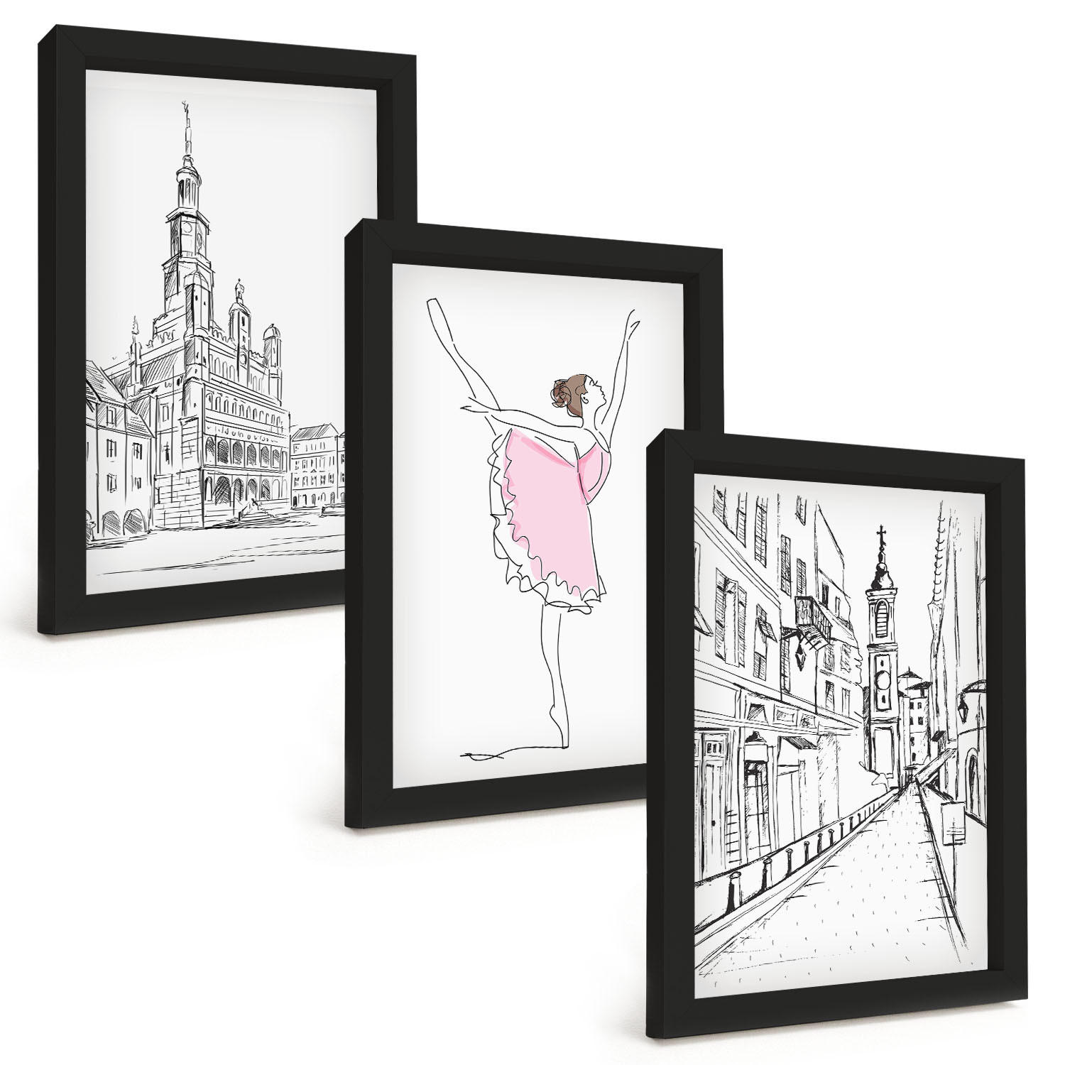 BILDER SET 3er Set - 20x30 cm Schwarzer Rahmen - Stilvolle Ballerinen und Architektur - Schwarz, Kunststoff (20/30cm) - TULUP