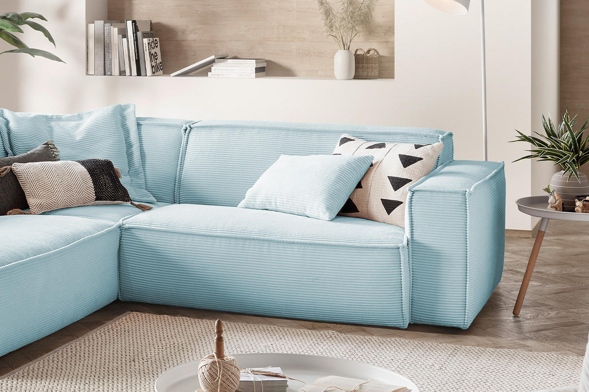 ECKSOFA SAMU Hellblau Cord - Schwarz/Hellblau, Textil (254/224cm) - KAWOLA