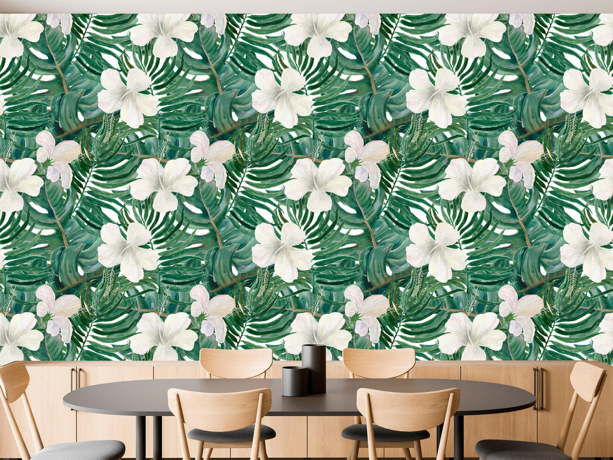 VLIESTAPETE Monstera und Hibiskusblüten – Grün, Weiß – 50x1000 cm - Weiß/Grün, Papier (50/1000cm) - Muralo