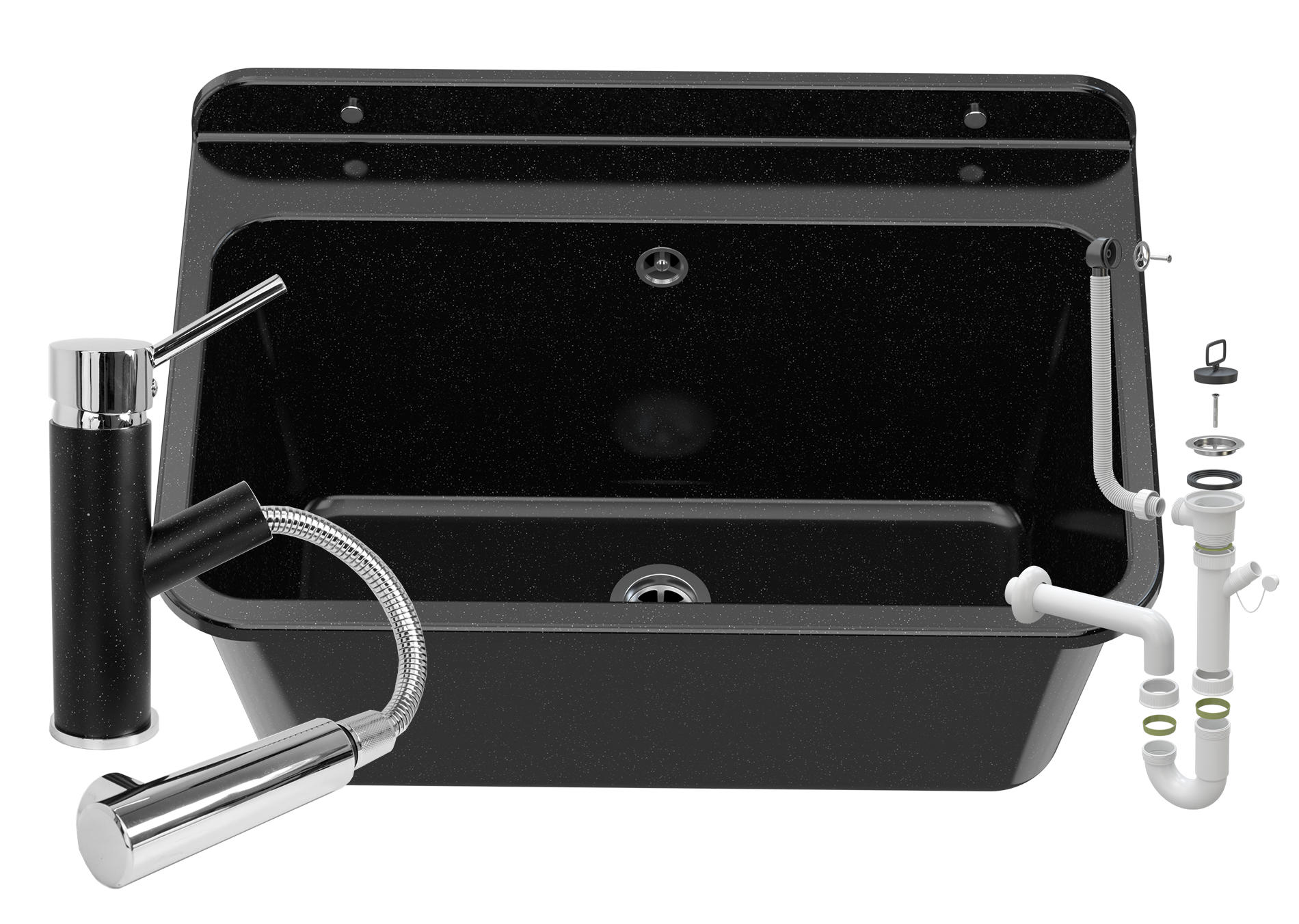 SPÜLBECKEN Larg mit Batterie und Siphon - Schwarz, Kunststoff (61/41/30cm) - Granitan