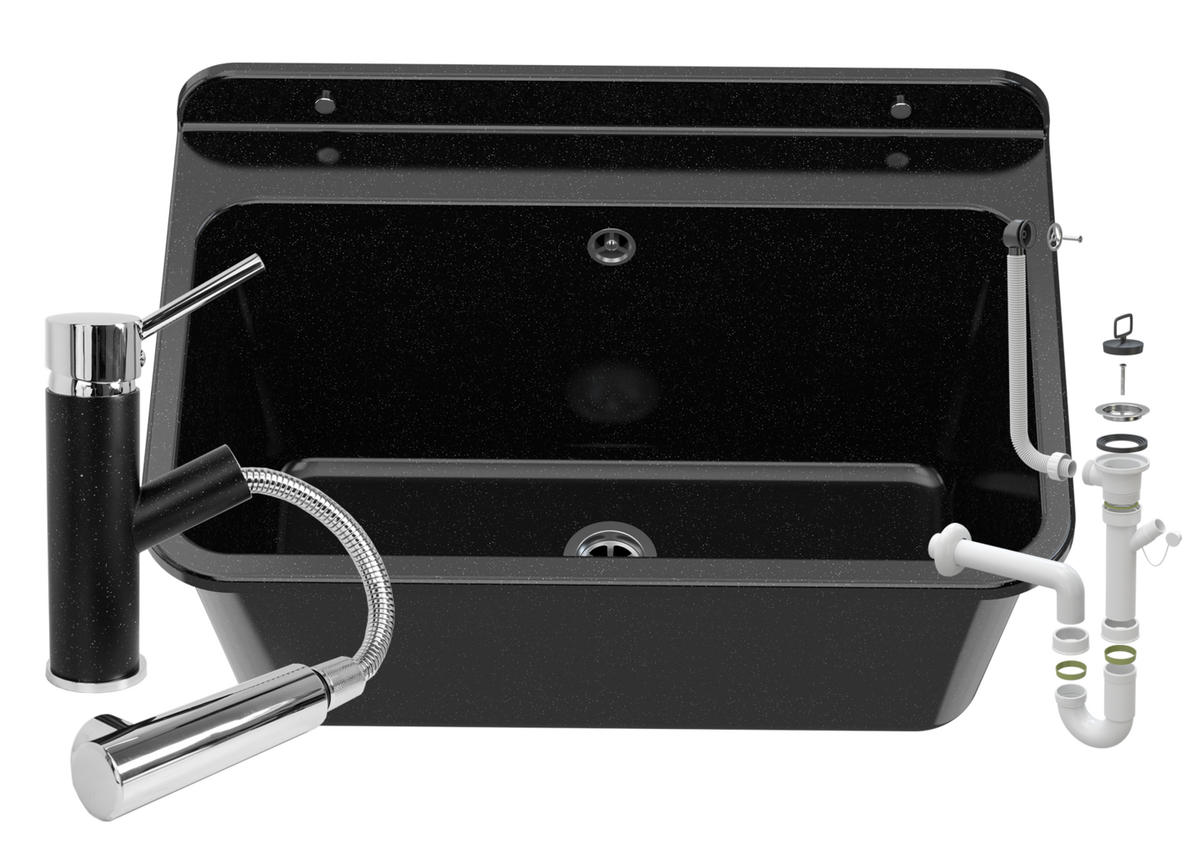 SPÜLBECKEN Larg mit Batterie und Siphon - Schwarz, Kunststoff (61/41/30cm) - Granitan