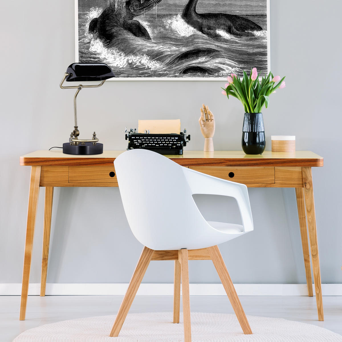 BANKERLAMPE - Schwarz, Glas/Holz (25/26/42cm) - Relaxdays