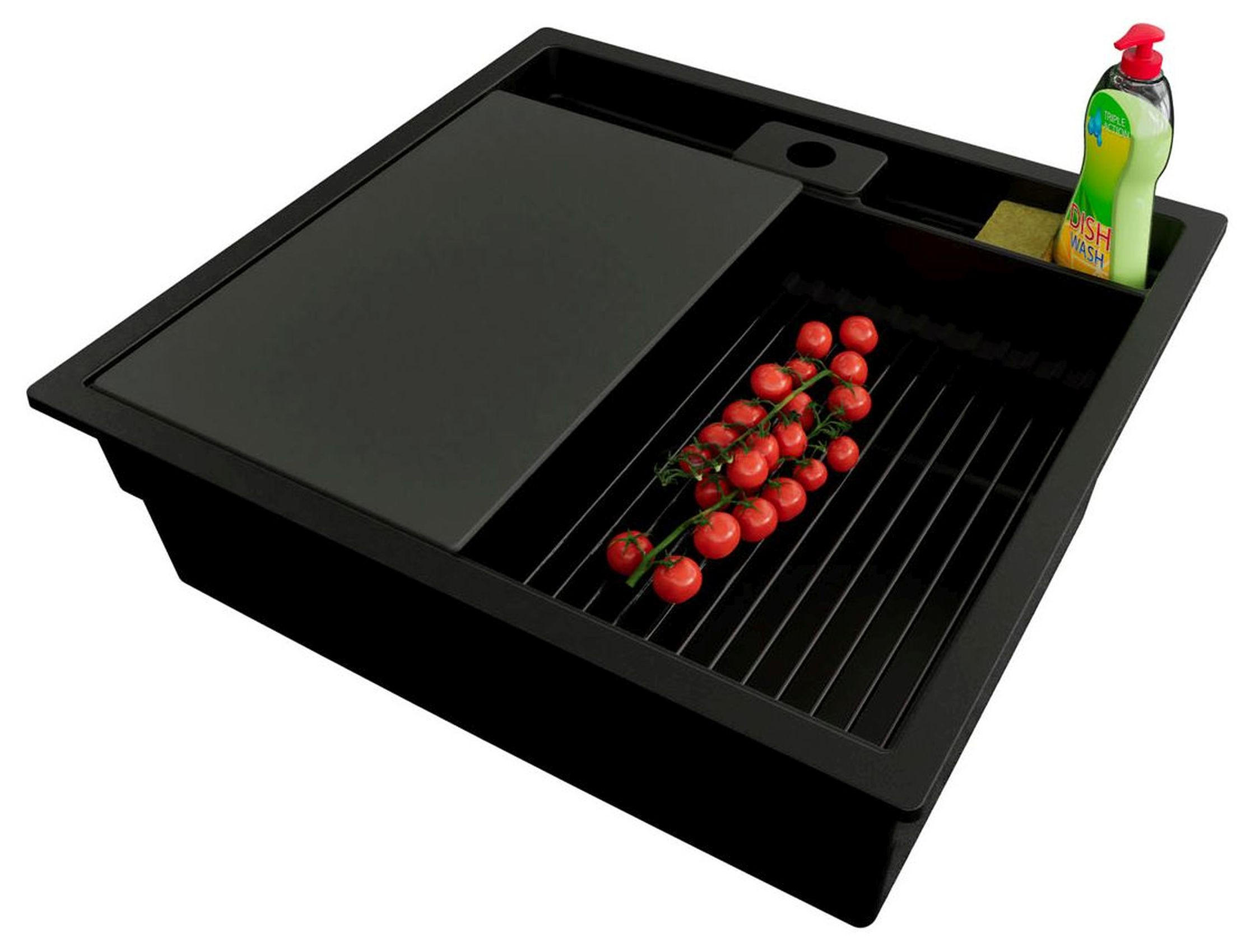 UNTERBAUSPÜLE GRANIT Bergen Pocket, 2-er set Alles Schwarz 56/54 cm 1 Becken + Ablauf-Set + Küchenzubehörset ab 60er Unterschrank - Schwarz, Kunststoff (56/20/54cm) - Primagran