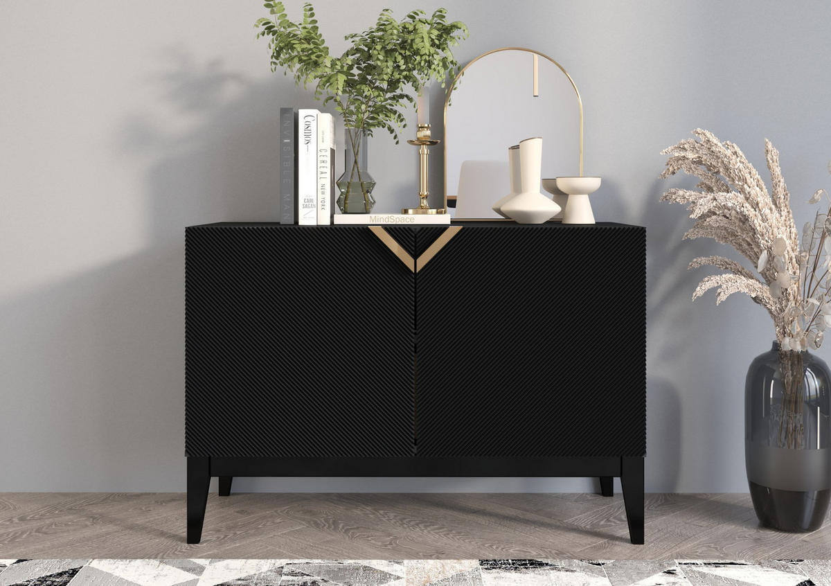 SIDEBOARD Demi 2D Long, Schwarz-Gold, Mit Gefrästen Fronten, Massive Buche - Schwarz, Holz/Holzwerkstoff (100.5/70/42cm) - Visby