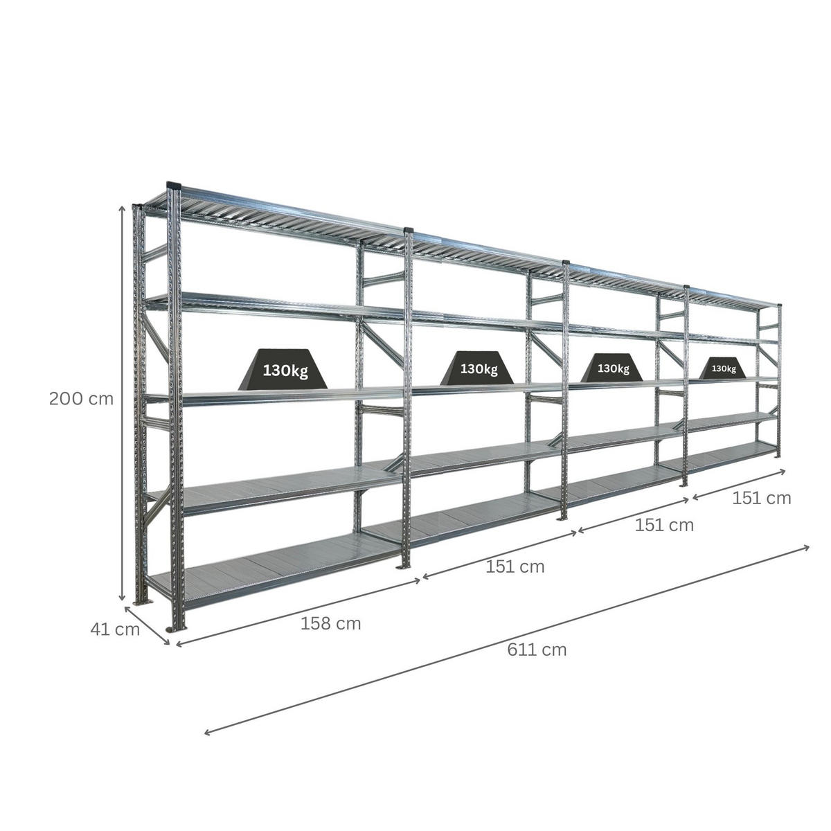 FACHBODENREGAL Proximo Stecksystem 200x600x40cm 5 Ebenen Fachlast 130 kg Beidseitig nutzbar Verzinkt - Silberfarben, Metall (600/200/40cm) - PROREGAL