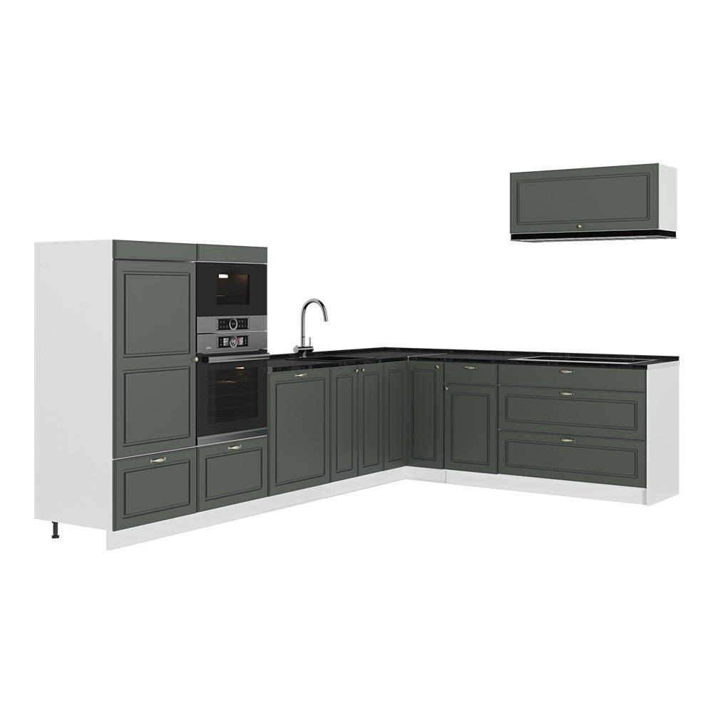 ECKKÜCHE Fame-Line, Grün-Gold Landhaus/Weiß, 327 x 227 cm ohne Arbeitsplatte - Weiß/Grün, Holzwerkstoff (327/153.6/51.6cm) - Vicco