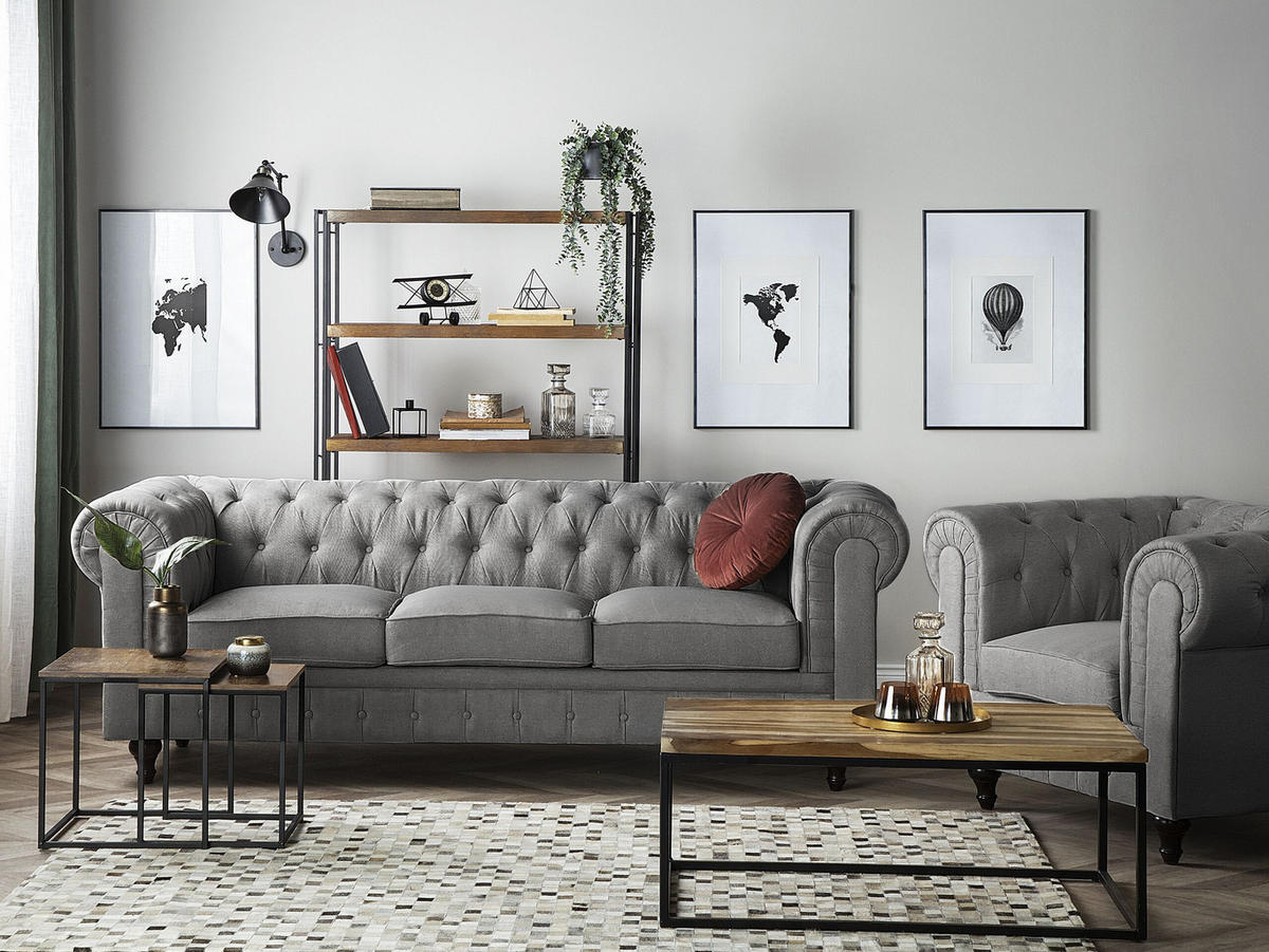 4-SITZER SOFA SET Polyester Hellgrau Chesterfield - Grau, Textil (222/79/85cm) - Beliani