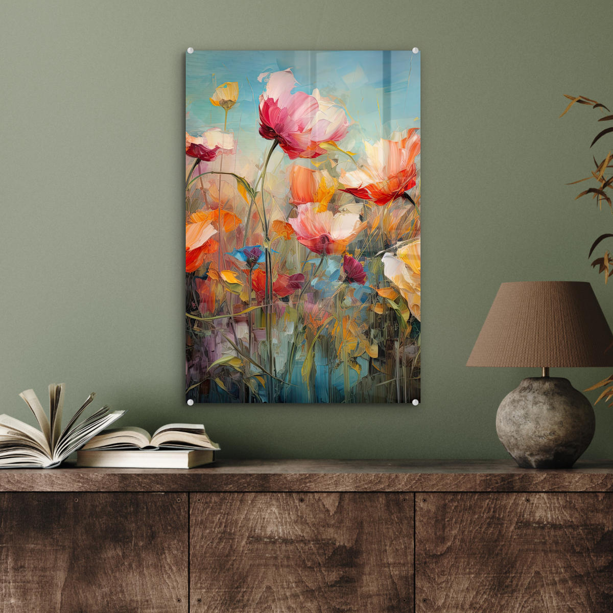 ACRYLGLASBILD Blumen - Aquarell - Kunst - Botanisch - Natur 40x60 cm - Orange, Glas (40/60cm) - MuchoWow