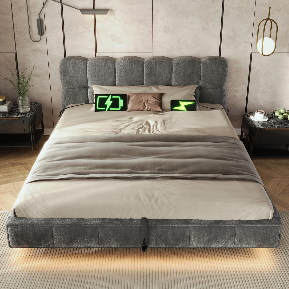 POLSTERBETT aus Chenille 140x200 cm Grau mit hydraulischem Bettkasten, LED und USB-C-Anschluss - Grau, Textil (140/200cm) - Modfu