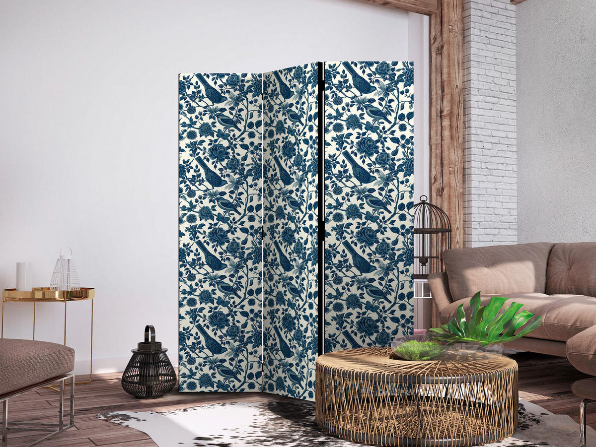 PARAVENT Einseitig Bedruckter 3-tlg 135x172 cm V gel und Rosen - Blau, Holz/Textil (135/172/3cm) - Muralo