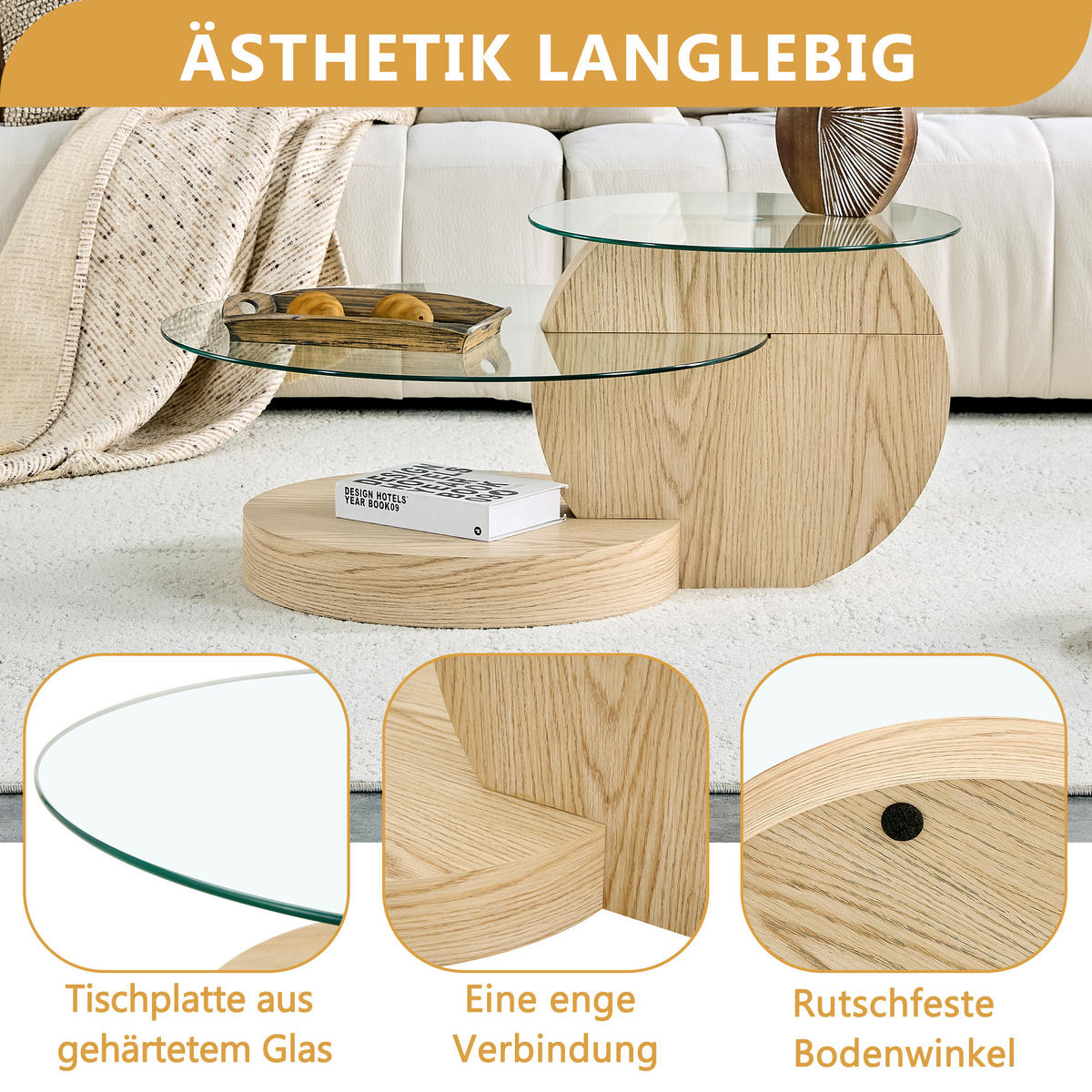 COUCHTISCH in Naturfarbe Wohnzimmertisch mit zwei Ebenen aus Sicherheitsglas für Wohnzimmer, B90/T70/H44 cm - Transparent/Naturfarben, Glas/Holzwerkstoff (90/90/44cm) - STILVORA