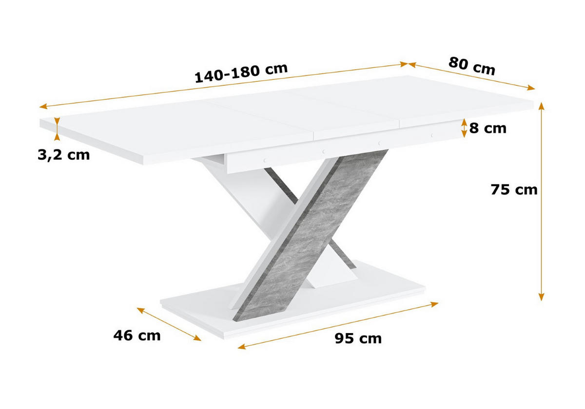 ESSTISCH ausziehbar 140 -180x80x75 cm - Weiß / Betonoptik - RONX - Weiß, Holzwerkstoff (140/80/75cm) - ALTDECOR