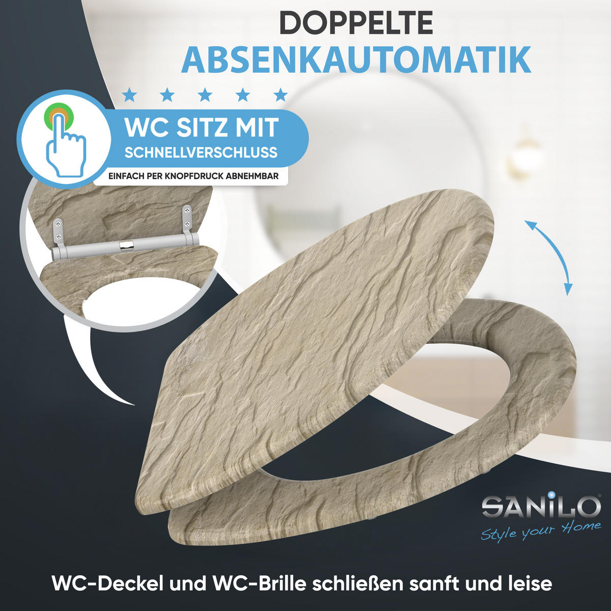 WC-SITZ mit Absenkautomatik & Top Fix Sand Stone - Braun, Holzwerkstoff (37.7/5.5/48cm) - Sanilo