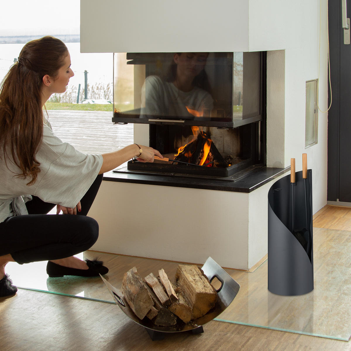 KAMINBESTECK-SET 4-tlg. - Grau, Holz/Metall (20/57/20cm) - Relaxdays