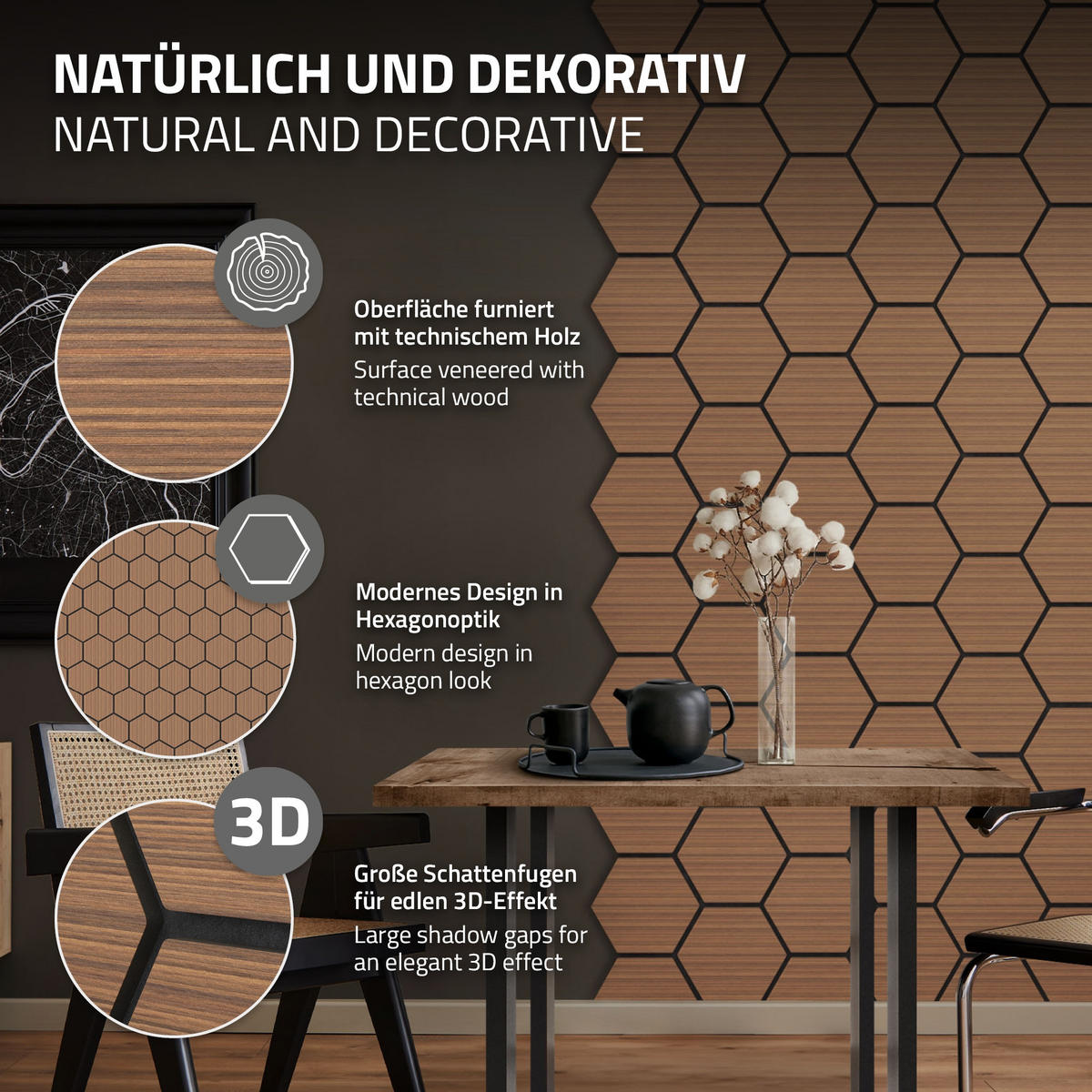 AKUSTIKPANEEL Echtholz 2er Set Teak Hexagon - Dunkelbraun, Holzwerkstoff (2.1/81.1/66.6cm) - ML-DESIGN