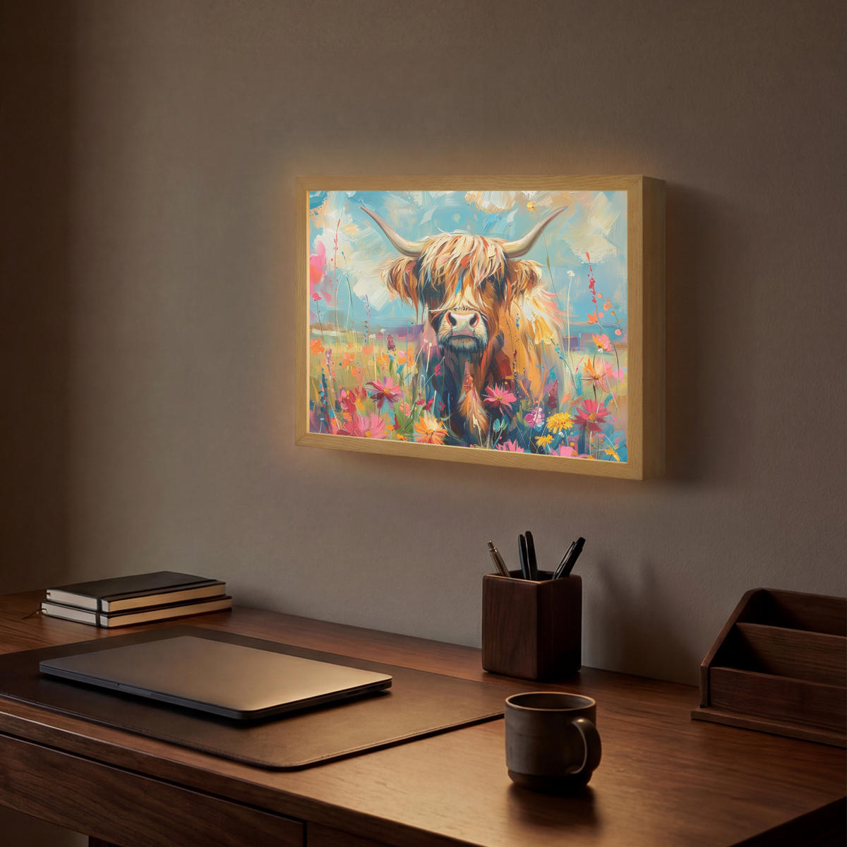 NÁSTĚNNÁ LAMPA S AKUMULÁTOREM Skotský horal - Příroda - Barevné - Květiny 40x30 cm - různobarevná, kompozitní dřevo (40/30/8cm) - OnlyWow