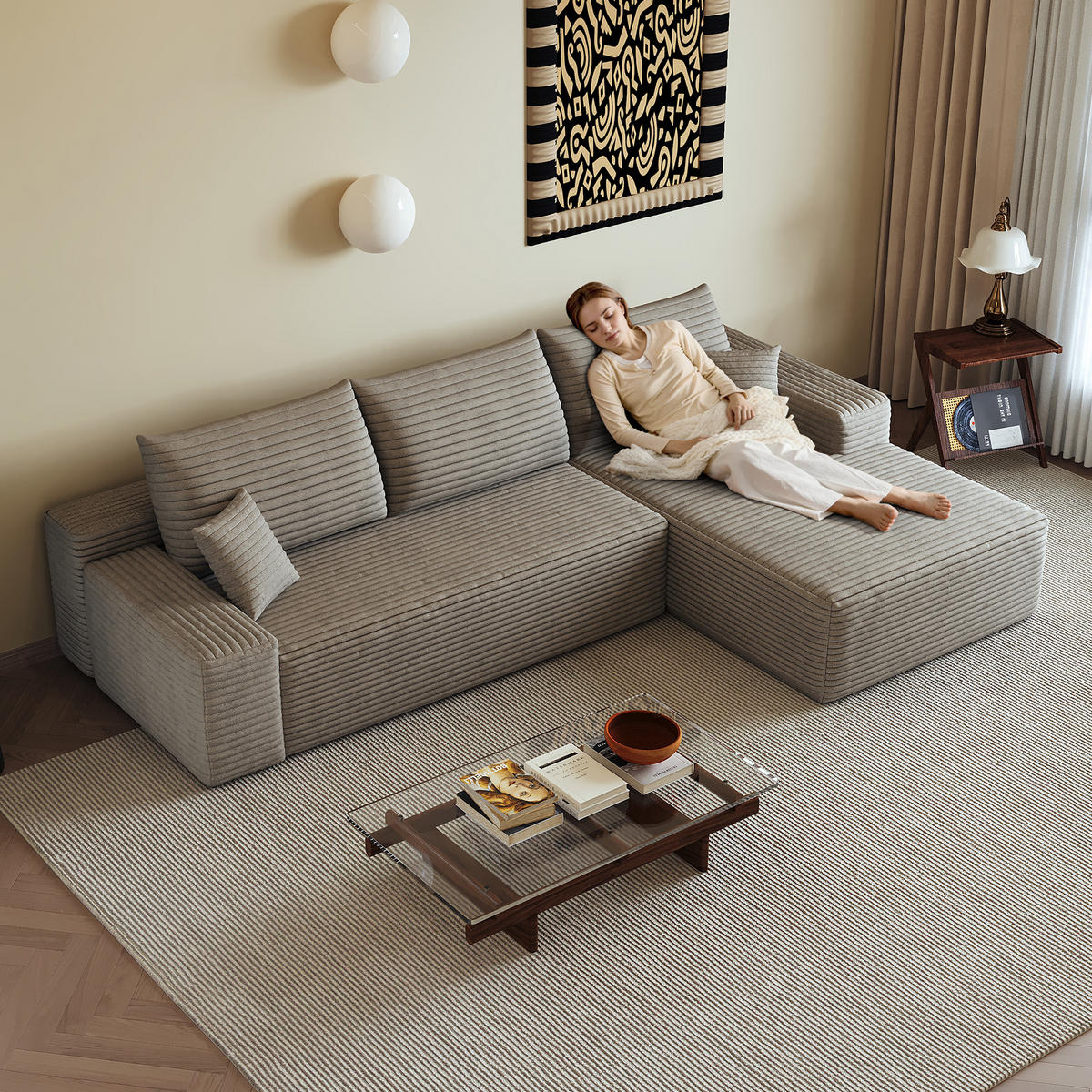 ECKSOFA 270/175/83 cm Kamel Cord mit Chaiselongue, Rechte Seite - Klar/Cappuccino, Textil (270/175cm) - Oxeza