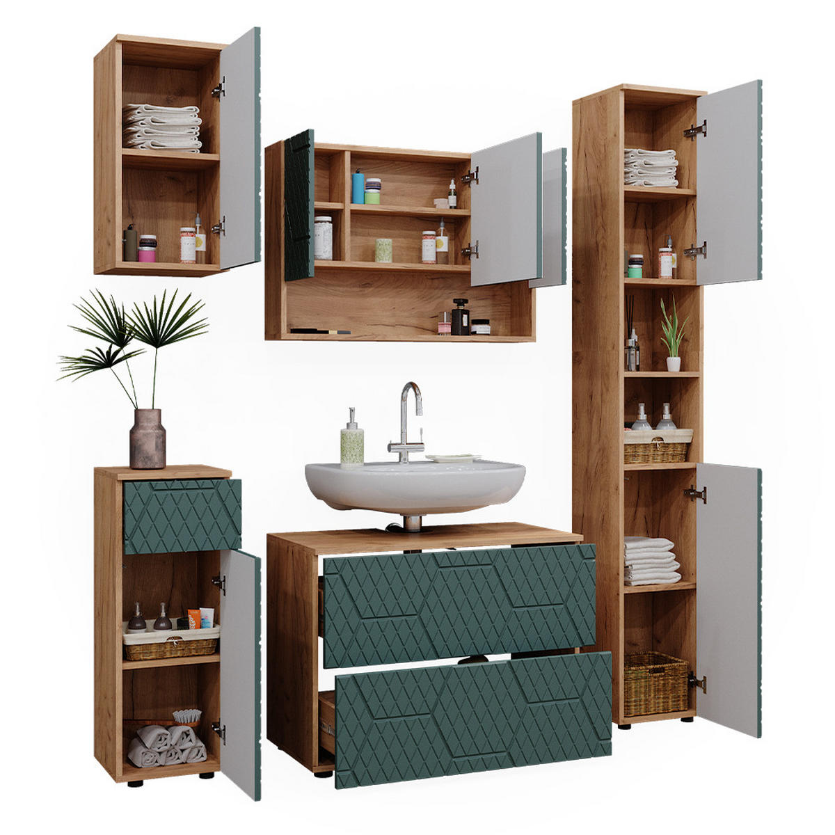 BADMÖBEL-SET Irma Grün 5 Teile - Eiche Wotan/Grün, Holzwerkstoff (80/58.6/41cm) - Vicco