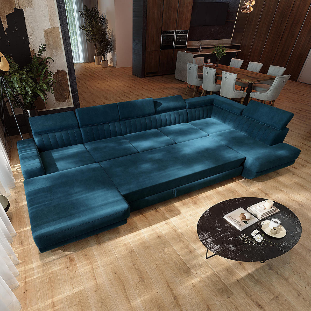 WOHNLANDSCHAFT GAIAN Blau Velours-Stoff mit Schlaffunktion - Blau, Holz (412/88/190cm) - MASSENO