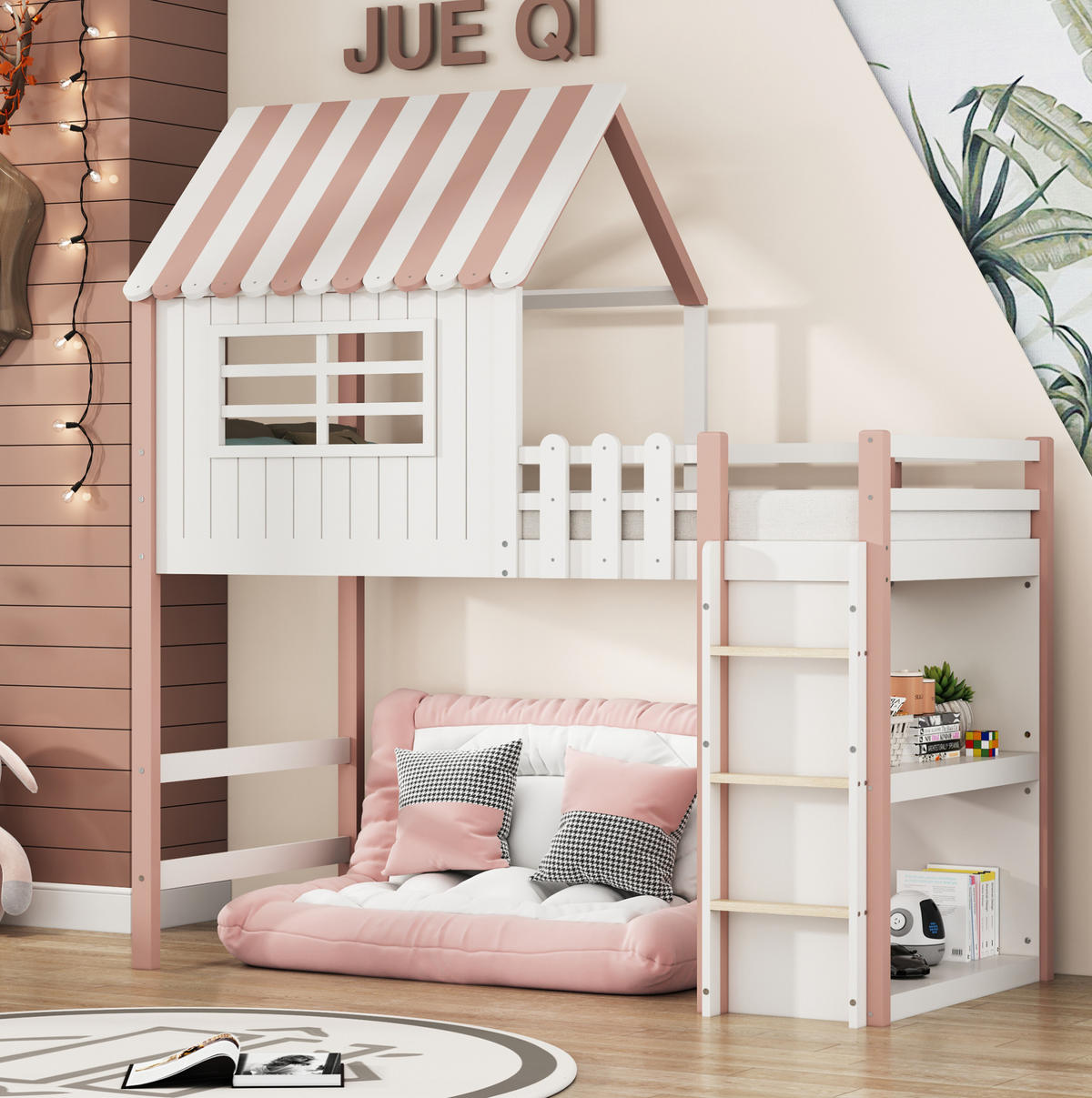 HOCHBETT 90/200 cm in Rosa – mit Dach, Leiter und Rausfallschutz - Pink, Holz (90/200cm) - BEAOK