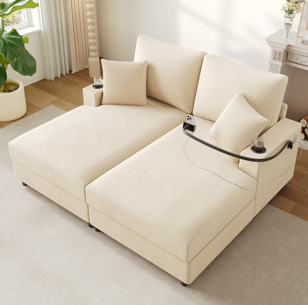 2-SITZER Schlafsofa Cord mit USB-Anschluss und Getränkehaltern Beige 163/140/82 cm - Beige, Textil (140/82/163cm) - Redom