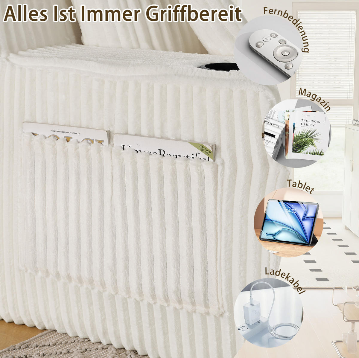 SCHLAFSOFA aus Kordstoff Beige mit Getränkehalter, Seitentasche und abnehmbaren Kissen - Beige, Kunststoff (186/78/154cm) - Modfu