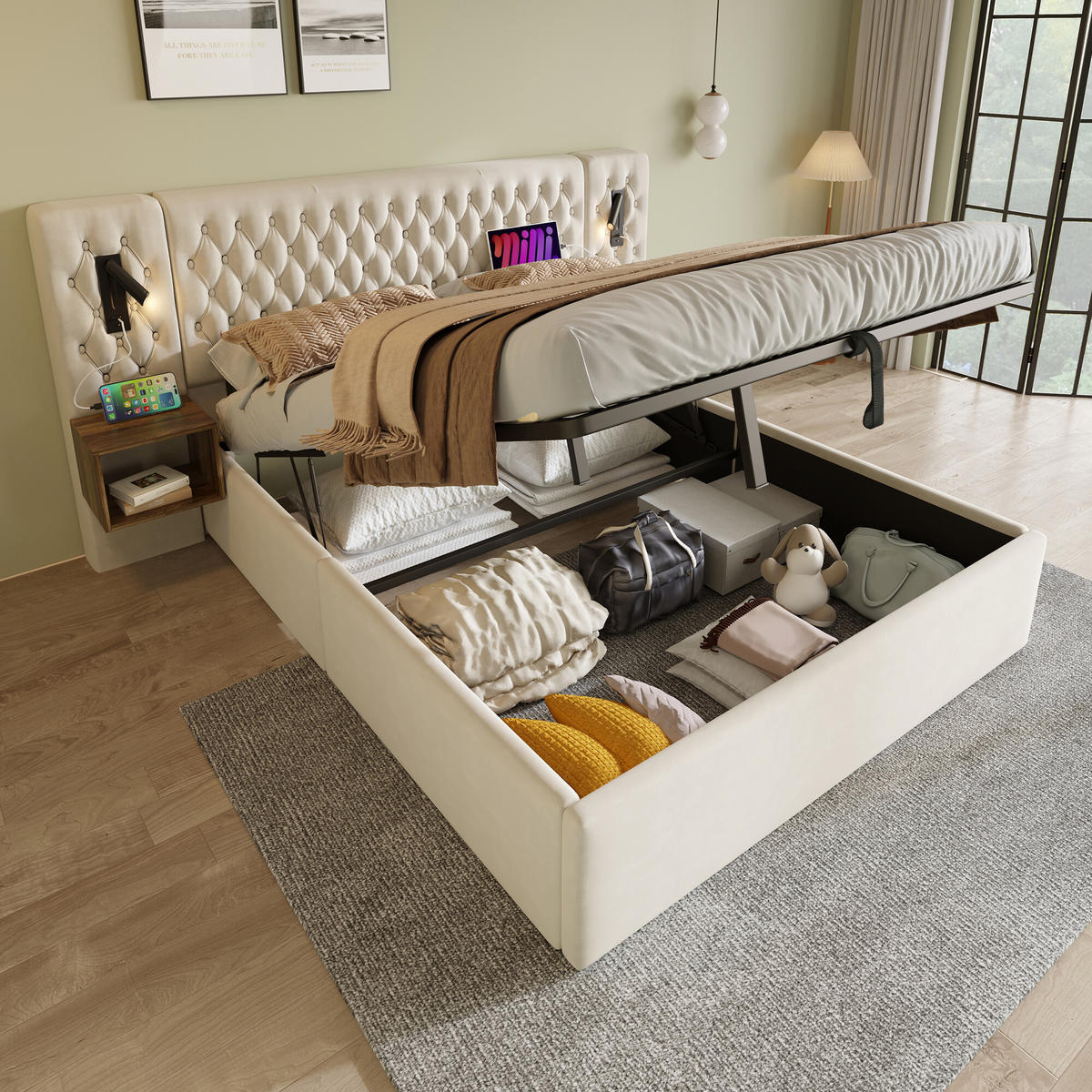 DOPPELBETT Beige 261/210/105 cm - Beige, Holzwerkstoff/Textil (180/200cm) - Urban Meuble