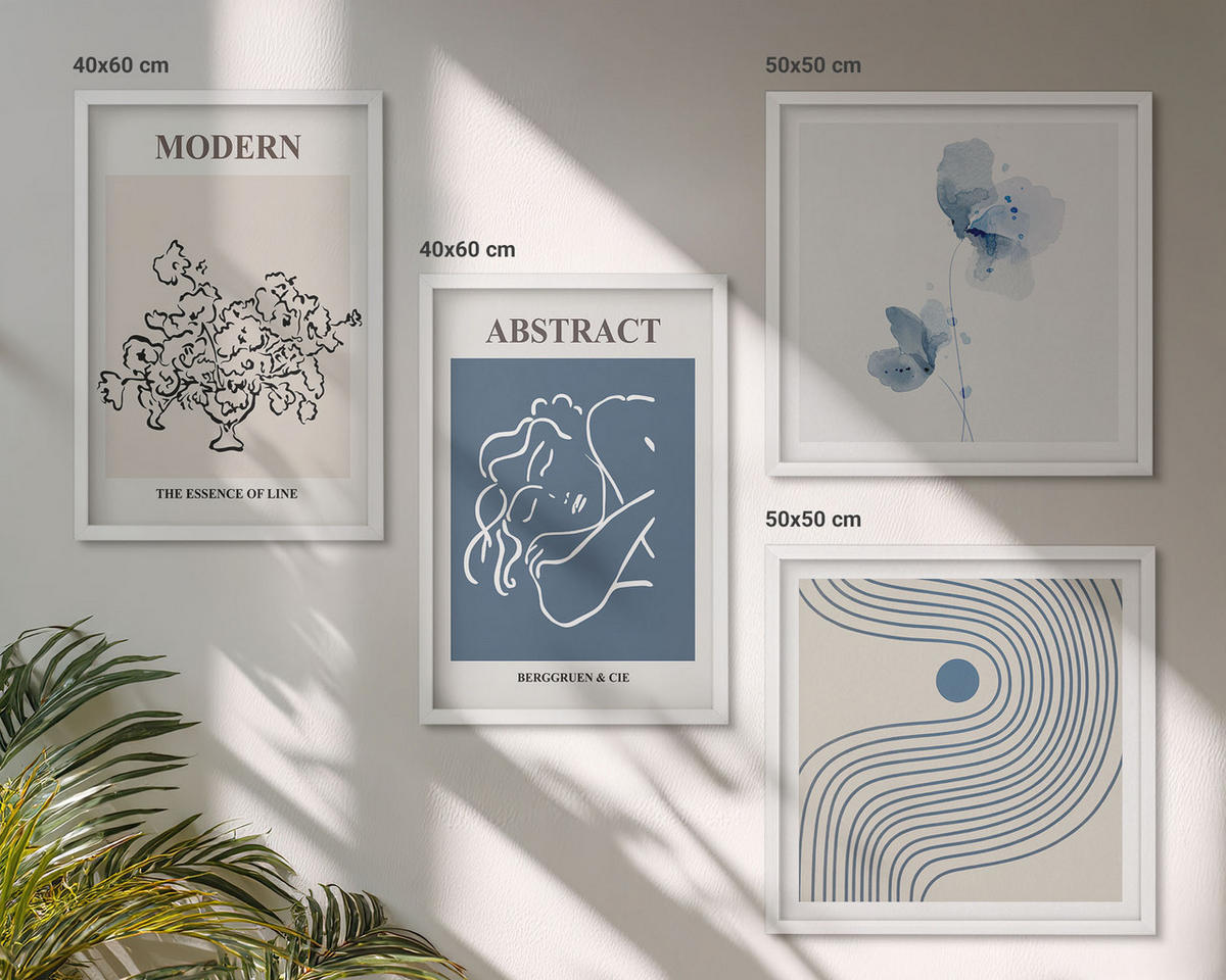 WANDBILDER 4er-Set - 50x50 cm & 40x60 cm Weißer Rahmen - abstrakte Poster mit Blumenlinien - Weiß, Kunststoff (50/50cm) - ArtPrintCave
