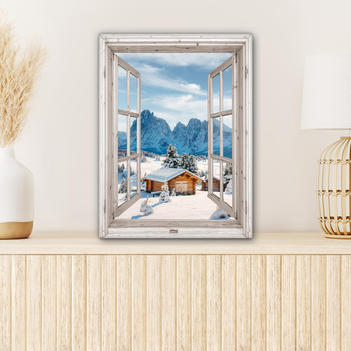 LEINWANDBILD Winterlandschaft - Hütte - Berge - Ausblicke - Aussicht - Natur Room Decor 30x40 cm - Weiß Hochglanz, Textil (30/40cm) - MuchoWow