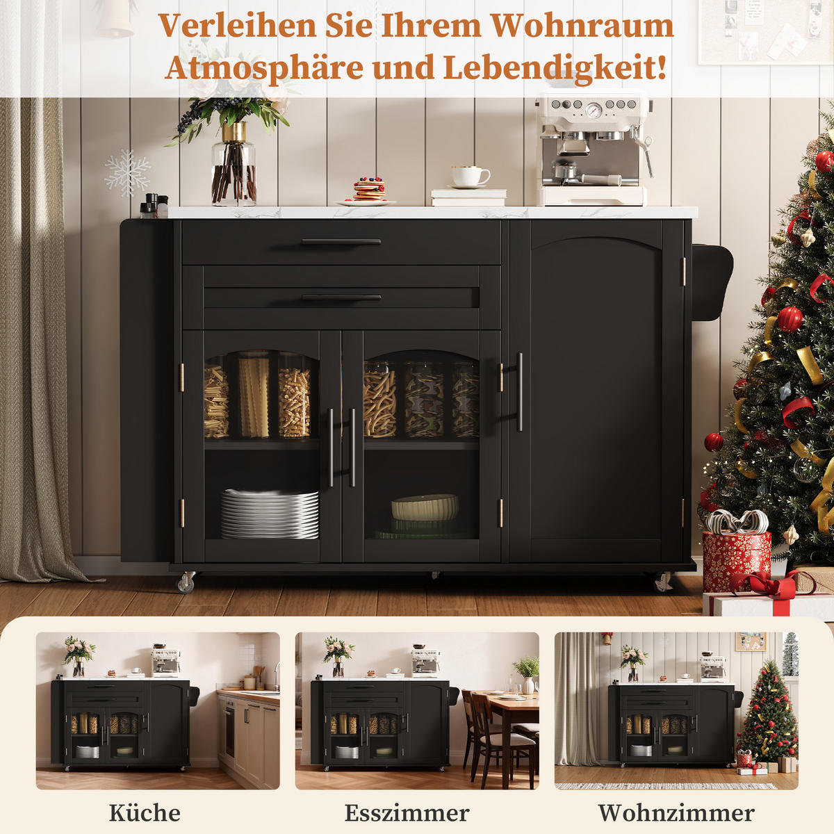 KÜCHENINSEL 120/70/90 cm Schwarz mit 2 Schubladen, Glastüren, Gewürzregal, 5 Rädern und klappbarer Arbeitsplatte - Schwarz, Holz/Holzwerkstoff (138/90/70cm) - Oxeza