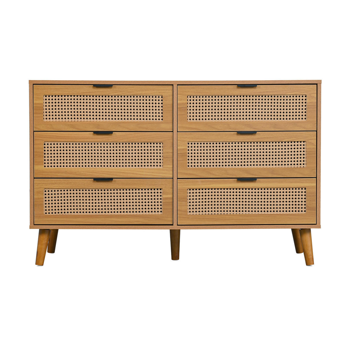 KOMMODE, 6 Schubladen, mit Retro-Rattan-Optik und Metallgriffen, 120x40x76,5 cm, Walnussfarben - Walnussfarben, Holzwerkstoff (40/76.5/120cm) - Modfu