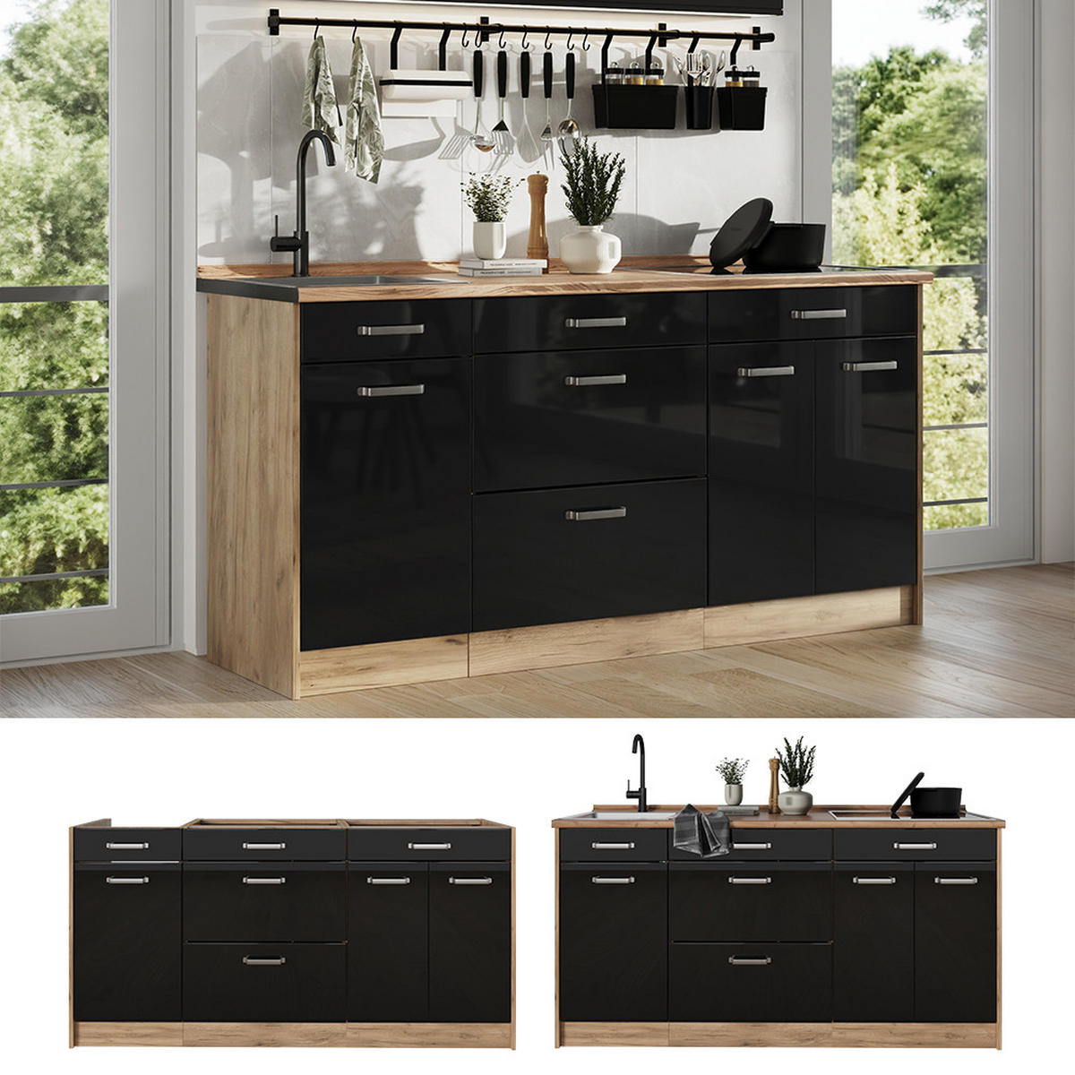KUCHYNSKÝ BLOK R-Line, Čierny vysoký lesk/Dub Goldkraft, 160 cm Goldkraft tammi työtaso - farba duba/čierna s vysokým leskom, kompozitné drevo (160/81.6/60cm) - Vicco