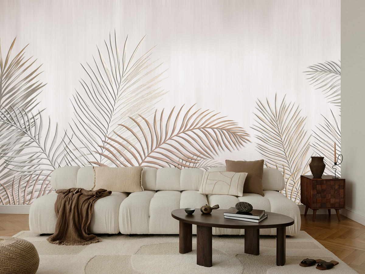 FOTOTAPETE für Schlafzimmer Beige Palmenblätter Delikat 450x315 - Beige/Braun, Papier (450/315cm) - Muralo