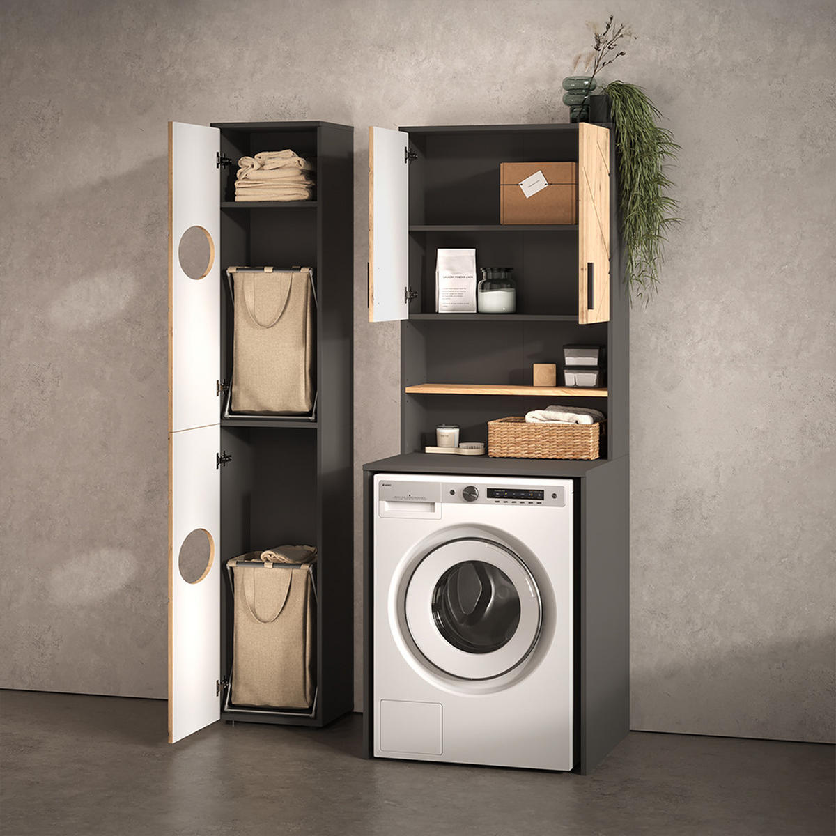 AUFBAU FÜR WASCHMASCHINENSCHRANK Ronco, Anthrazit/Artisan-Eiche, 68 x 103.5 cm mit 2 Türen - Anthrazit/Eiche Artisan, Holzwerkstoff (68/103.5/30cm) - Livinity®