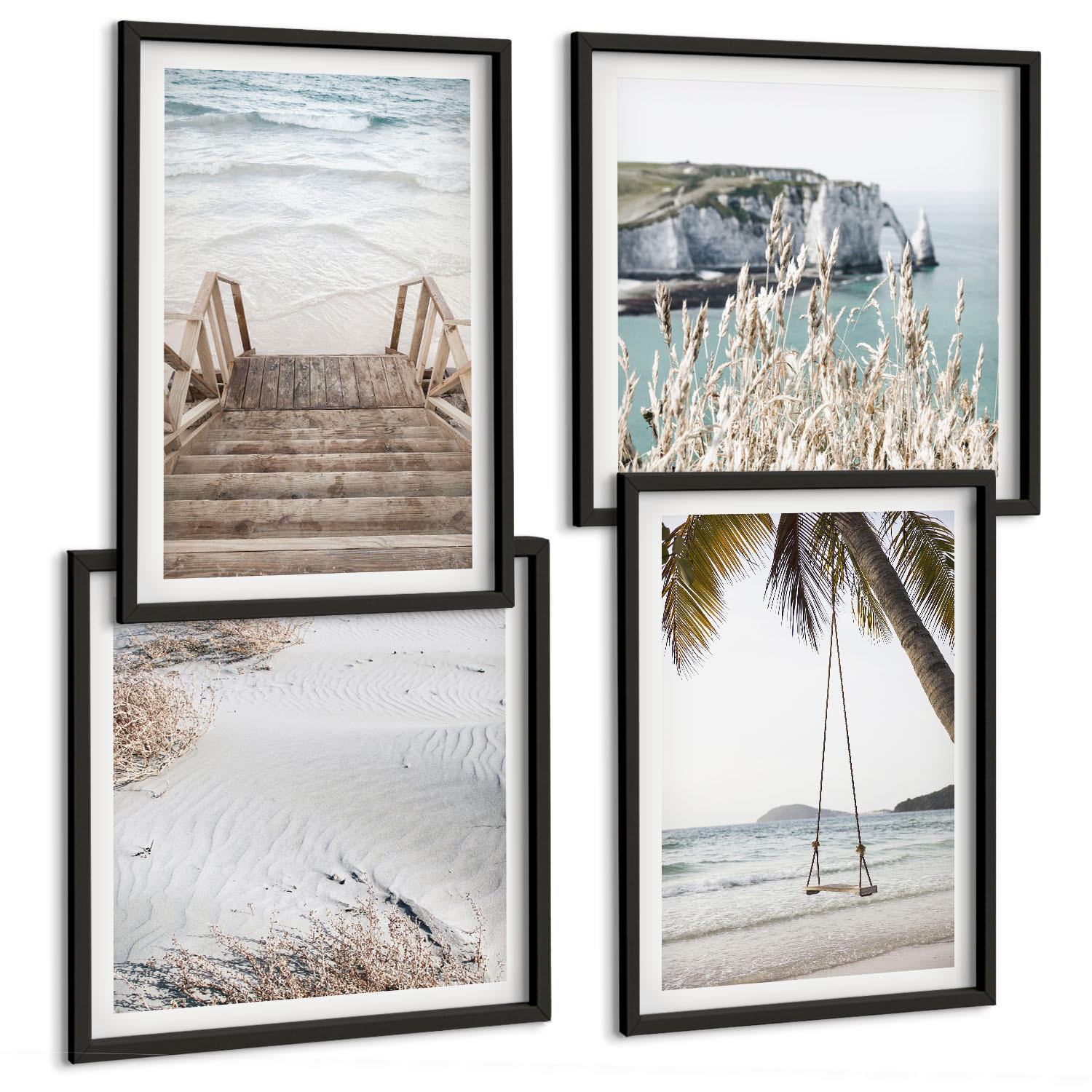 BILDER SET 4er Set - 50x50 cm & 40x60 cm Schwarzer Rahmen - Strandtreppe Schaukel Meer - Schwarz, Kunststoff (50/50cm) - TULUP