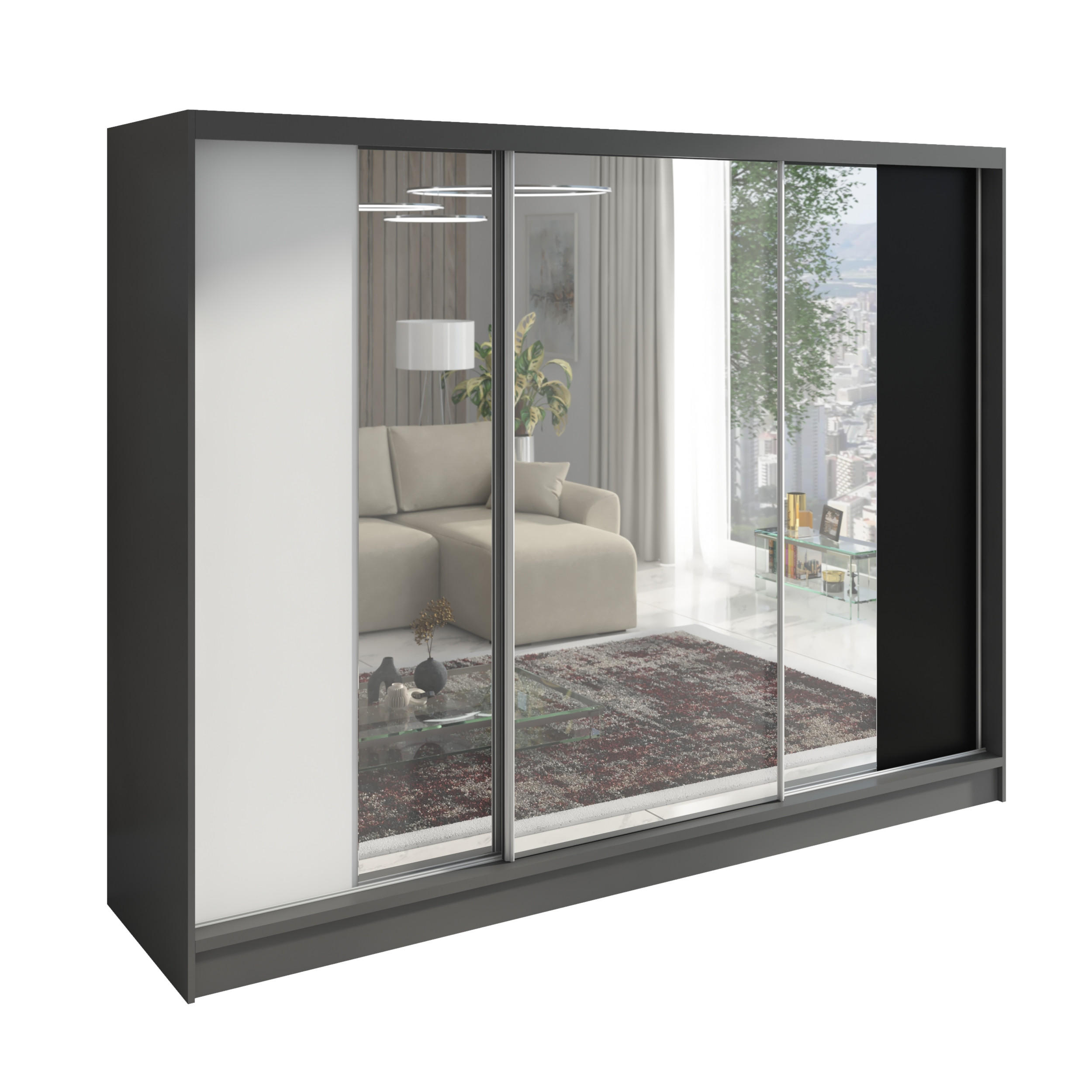 A&J MöbelLand Schwebetürenschrank Graphit, Weiß, Schwarz 200x215x60 cm