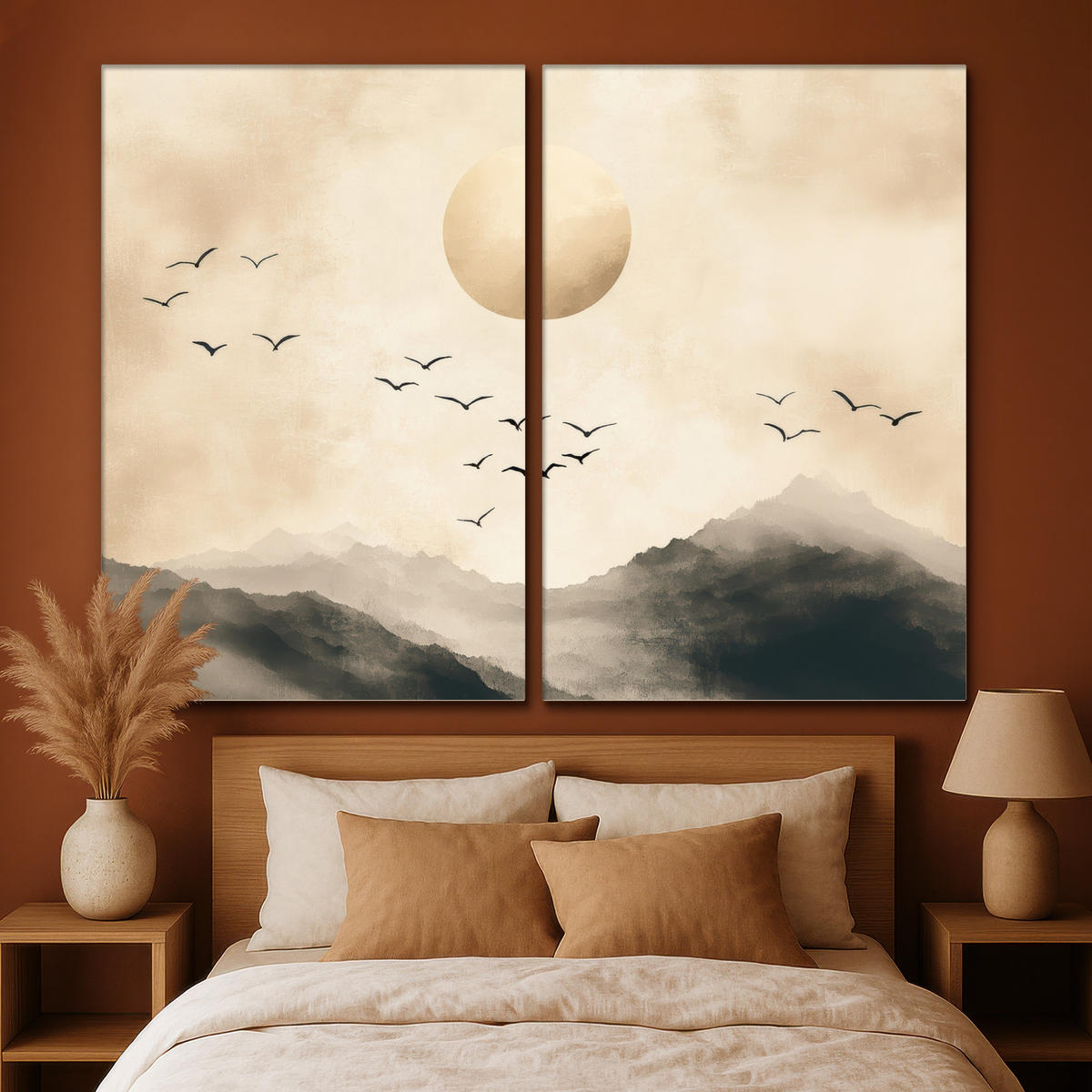 LEINWANDBILD 2er Set Landschaft - Japandi - Beige - Vögel 240x180 cm - Beige, Textil (240/180cm) - MuchoWow