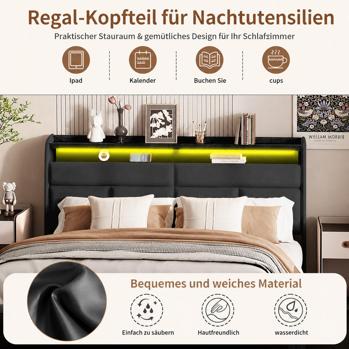 POLSTERBETT 140/200 cm mit Ablagekopfteil, RGB-LED-Beleuchtung am Kopfteil und am Fußende, Lederlook-Bezug - Schwarz, Holz/Metall (140/200cm) - Joyfair