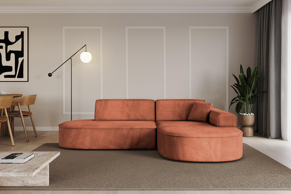 ECKSOFA Ottomane Rechts MARI-L1 - 243x171x79 cm Koralle Velours - Koralle/Schwarz, Holzwerkstoff/Kunststoff (171/243cm) - ALTDECOR