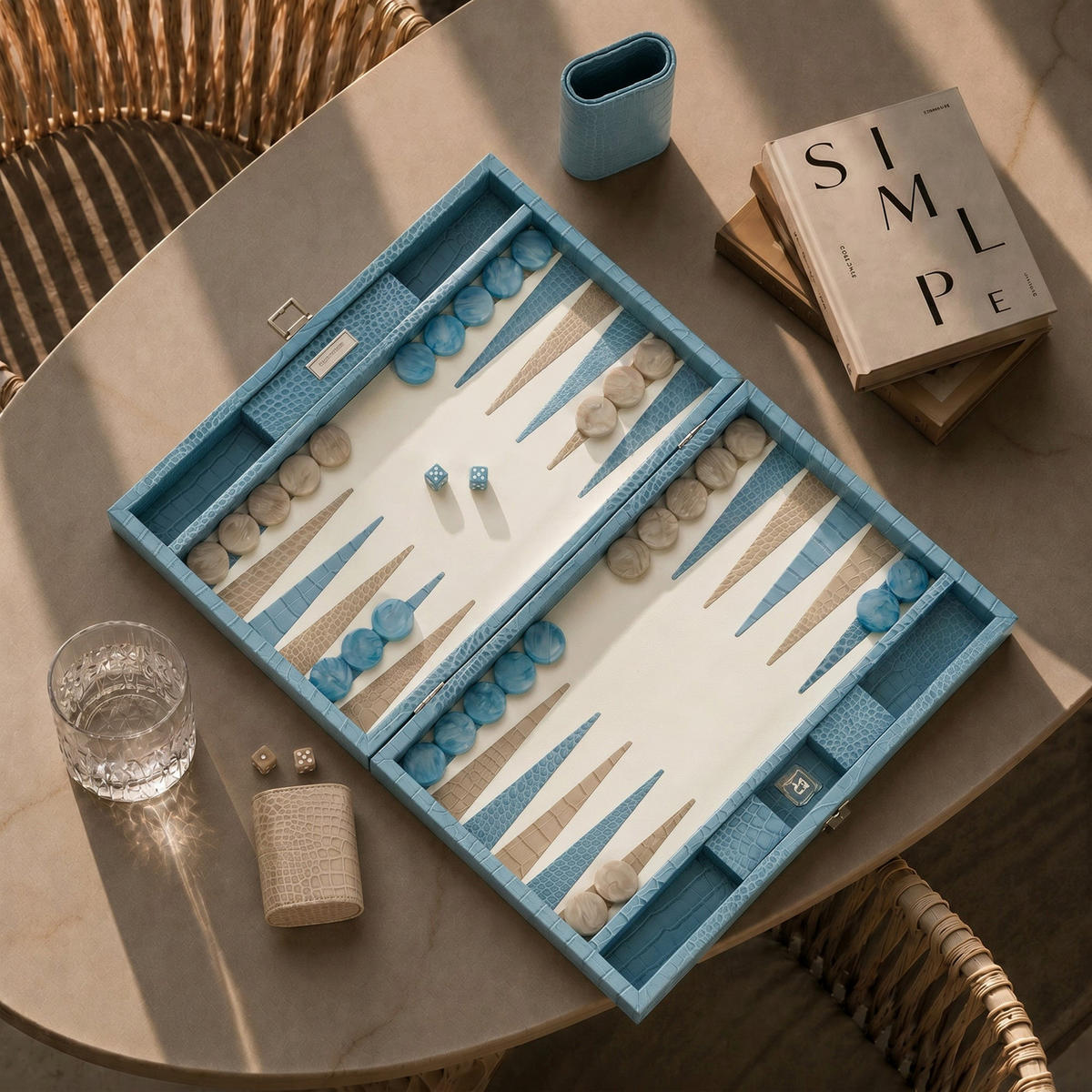 BACKGAMMON – Groß BACKGAMMON Leder Riviera-Blau 46cm - Blau, Leder (46/30.3cm) - Premium Interiors