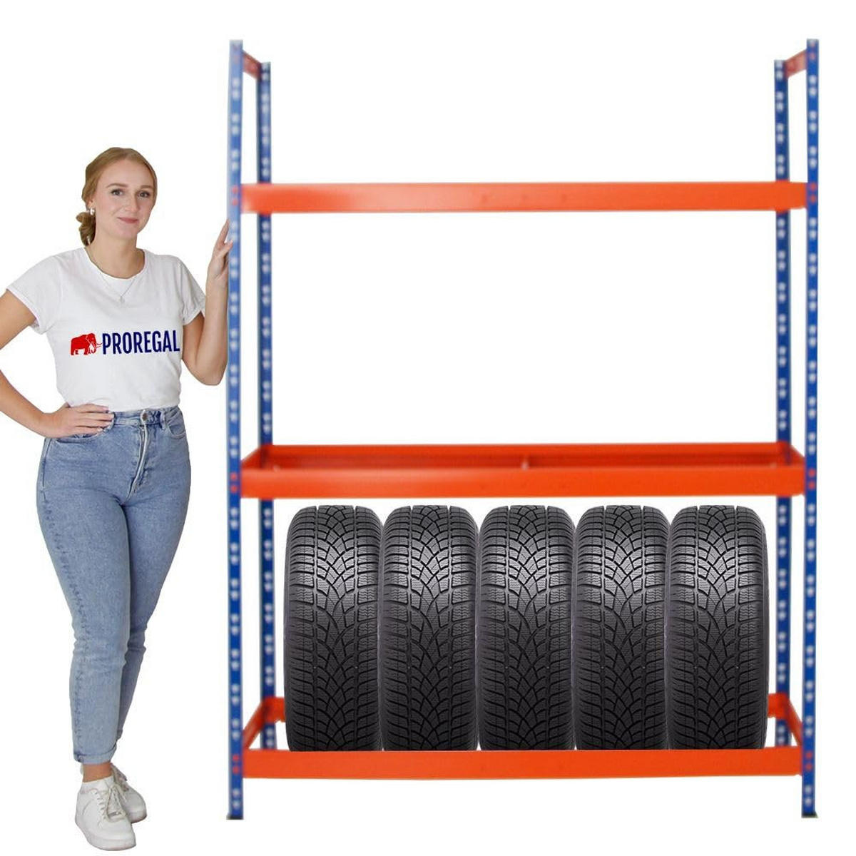 REIFENREGAL Tiger XL 2er-Set mit 2x 200x150x45 cm 300 kg Fachlast bis zu 36 Reifen Blau-Orange - Orange, Metall (300/200/45cm) - PROREGAL