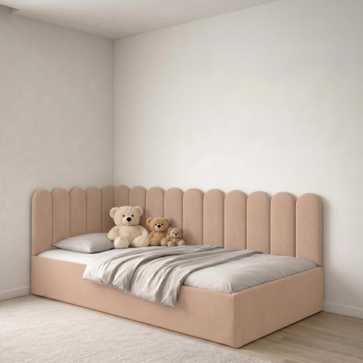 JUGENDBETT Junior Puderrosa Samtvelours mit Wandpaneelen - 120x200 cm - Bettkasten - Hellrosa, Holzwerkstoff/Textil (120/200cm) - Ravio